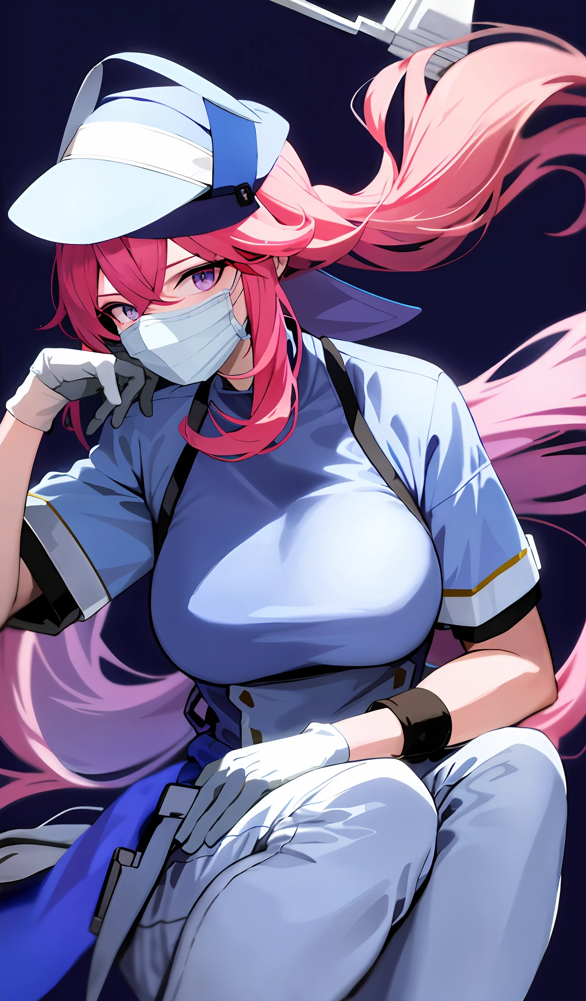 4k, carismatic, very detailed, there is a girl in the hospital, she is a surgeon, surgeon blue clothes, long blue surgeon pants, pink hair, purple eyes, surgeon hat, surgeon mask, surgeon gloves, surgery background,