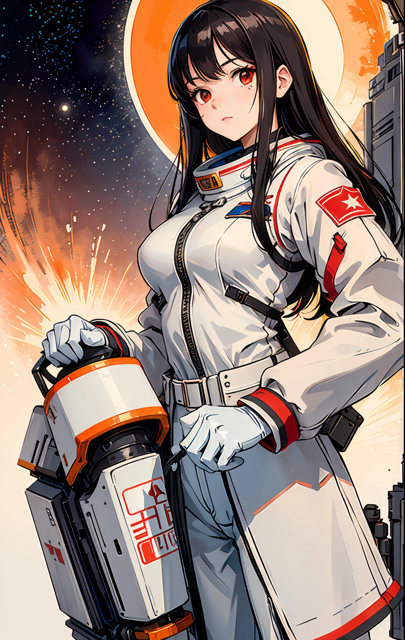 1girl,flat_breasts,cute,beautiful detailed eyes,shiny hair,visible through hair,hairs between eyes, CCCPposter, sovietposter,red monochrome,soviet poster, soviet,communism,
Black_hair,red_eyes,vampire,teenage,poorbreast,Spacesuit:Orange_clothing_body:jumpsuit),white_gloves, white_space shoes, white_helmet, the CCCP red letters on the top of helmet, weightlessness, Side light, reflection, The person in the spacesuit is at the bottom left of the frame, The right hand is outstretched, the right hand gently touches the Salyut space station), Space station in the upper right corner of the screen, Reflected light from the sun, Silver metal,red flag, brilliance,USSR style, diffuse reflection, Metallic texture, The vista is a blue Earth,mecha style,the sea of star,high tone, magnificent