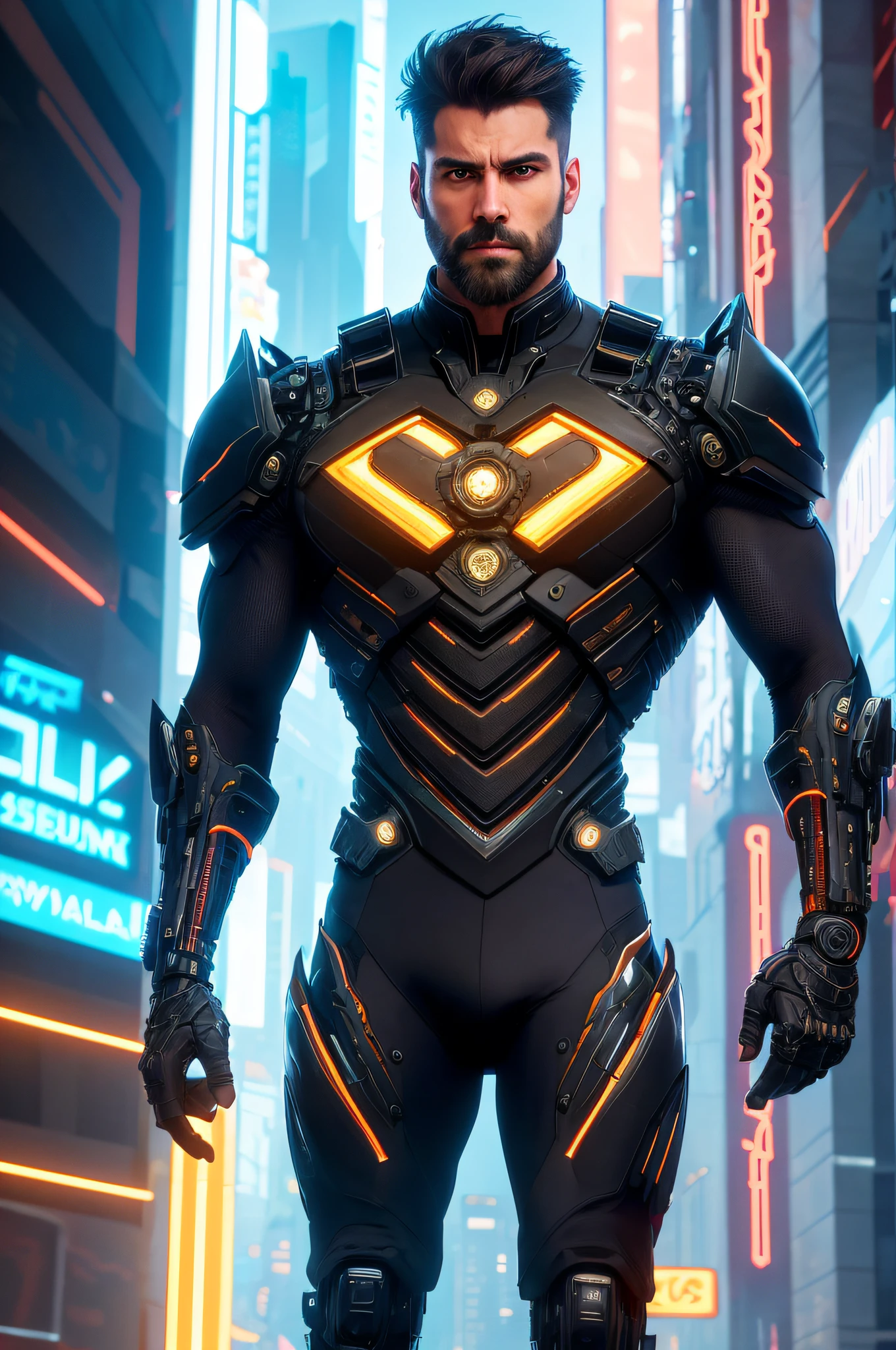 A realistic cinematic scene of a 35-year-old full-body male cyborg standing in a barren cyberpunk place, with a pair of aumnetated reality glasses, with a technological landscape with neon lights and programming podiums create a stunning landscape. (Wearing an elegant casual outfit) atop his symmetrical biomechanical arms and intricately anatomically adapted biomechanical legs (graphene:1.1). Insanely detailed, elegant and ornate details of the symmetrical fractal body with cyanite gems. Tall manly body with a beautiful face and light fur, almond eyes, thick lips, round nose, straight black hair and short trimmed beard without sideburns, (empty hands), Scene captured with soft and bright vibrant lights, dramatic shadings and beautiful vibrant colors and neon. Romanticism art style. Image with 8k resolution with cyberpunk style, intricately symmetrical details. The scene has an indomitable heroic mood with the main presence of a full scene of a full-body man standing with fluid body movements and a confident expression.