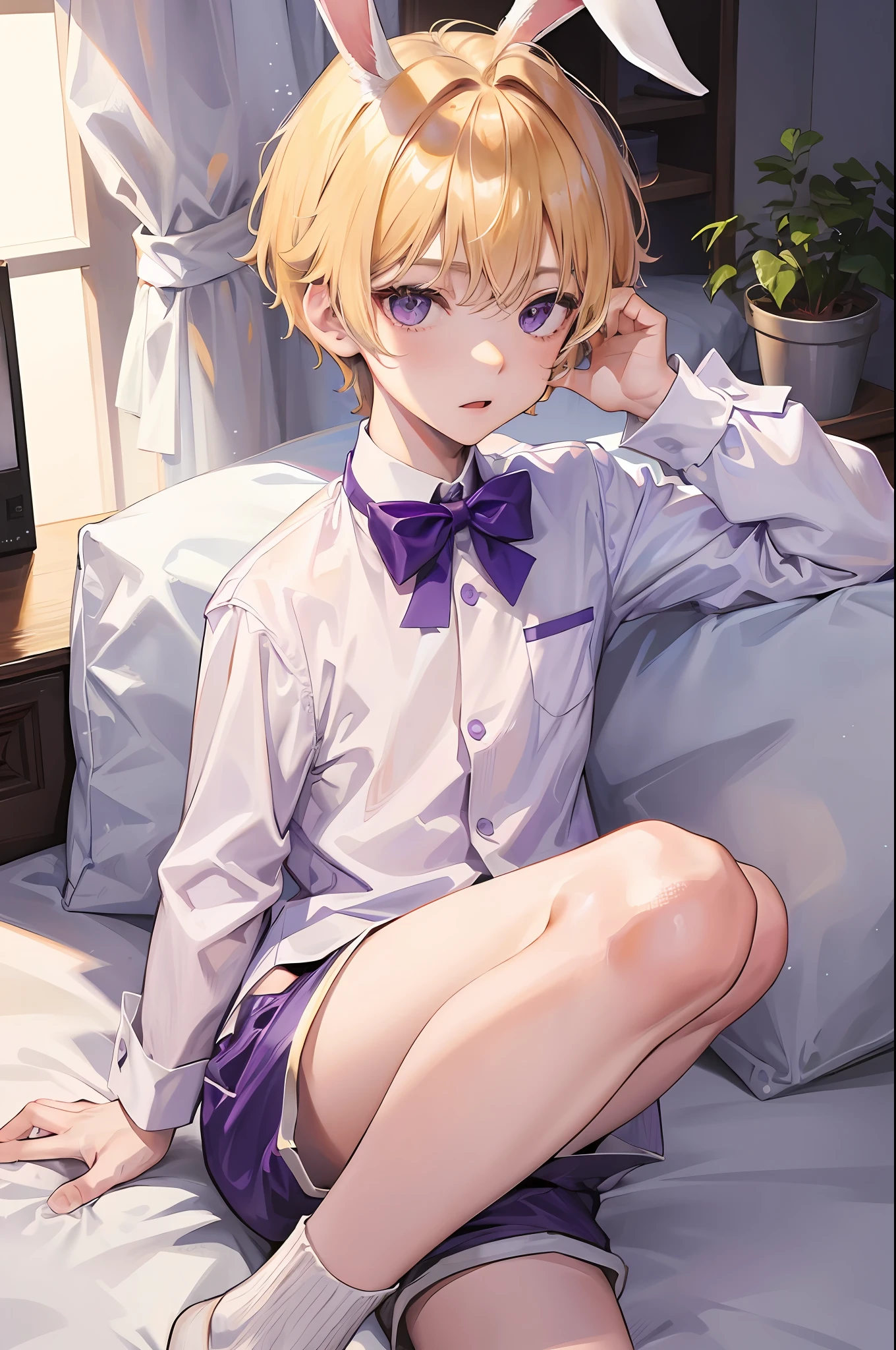 A boy, shota, short blonde hair, purple eyes, rabbit ears, white shirt and shorts, in a bed