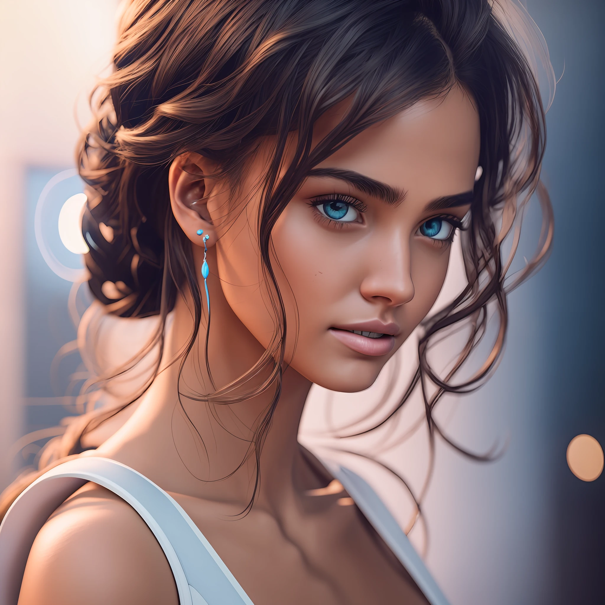 luminism, head-to-shoulder portrait of a Cute student model, smooth soft skin, symmetrical, natural skin texture, illuminated by neon as the only light source, wearing a white tank top with a collar, a detailed face, photorealism, soft pastel colors sparkling, looking into the camera, blue iris, photorealistic painting, sharp focus, 8k, perfect composition, trending on artstation, award-winning photograph, unreal engine 5, cinematic smooth, intricate detail, studio photo, highly detailed. simple background. --auto --s2