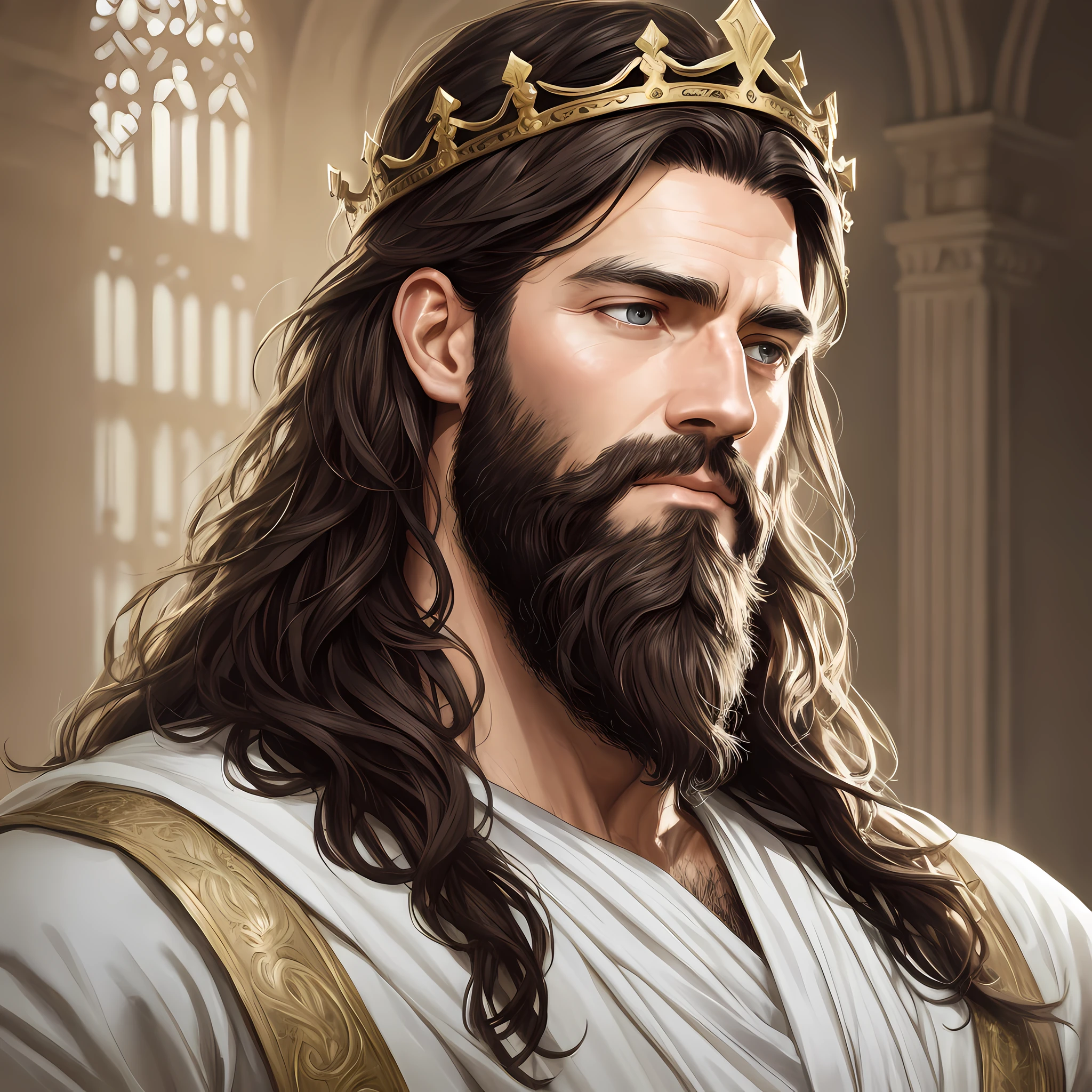 8k portrait of Jesus Christ, with medium beard, (dark brown hair and beard), dressed in white tonics, king's crown, with a luminous crown on the head, intricate, elegant, highly detailed, majestic, digital photography, art by artgerm and ruan jia and greg rutkowski surreal painting (masterpiece, side lighting, beautiful finely detailed eyes: 1.2 ), hdr, --auto --s2