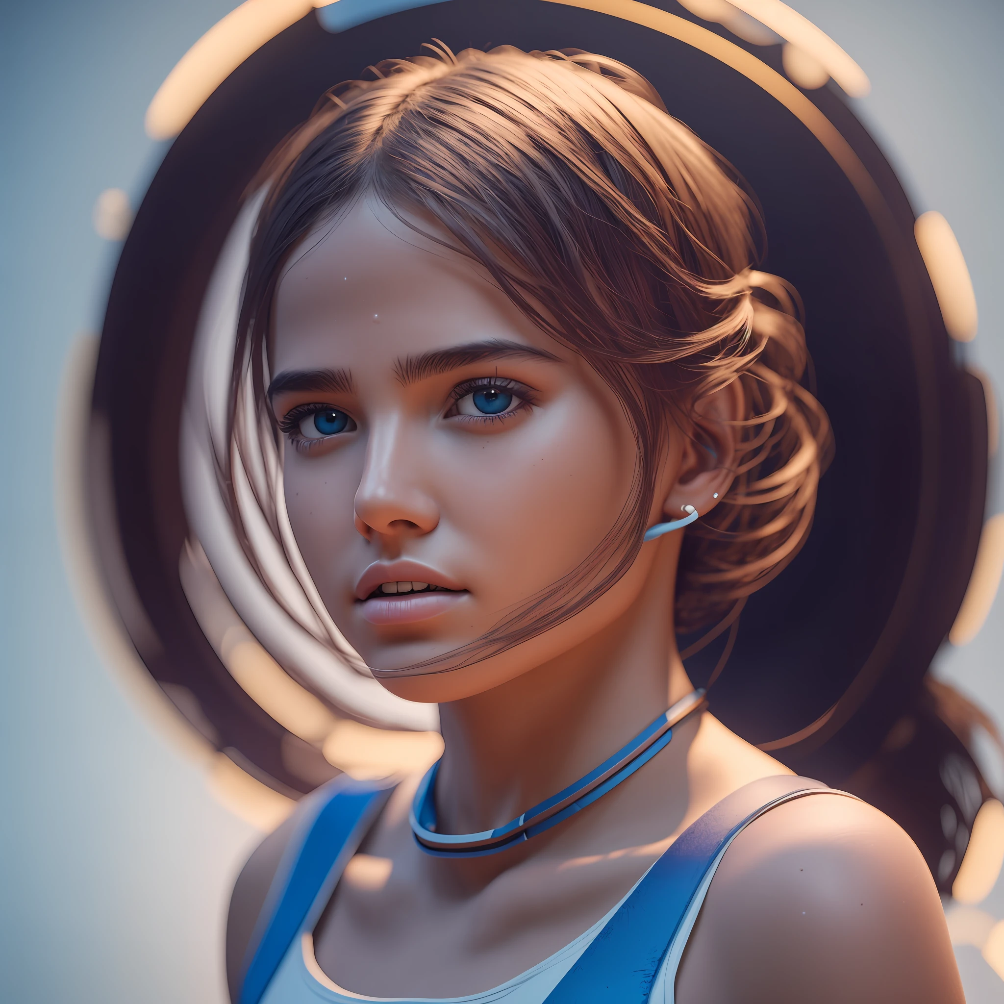 luminism, head-to-shoulder portrait of a Cute student model, smooth soft skin, symmetrical, natural skin texture, illuminated by neon as the only light source, wearing a white tank top with a collar, a detailed face, photorealism, soft pastel colors sparkling, looking into the camera, blue iris, photorealistic painting, sharp focus, 8k, perfect composition, trending on artstation, award-winning photograph, unreal engine 5, cinematic smooth, intricate detail, studio photo, highly detailed. simple background. --auto --s2