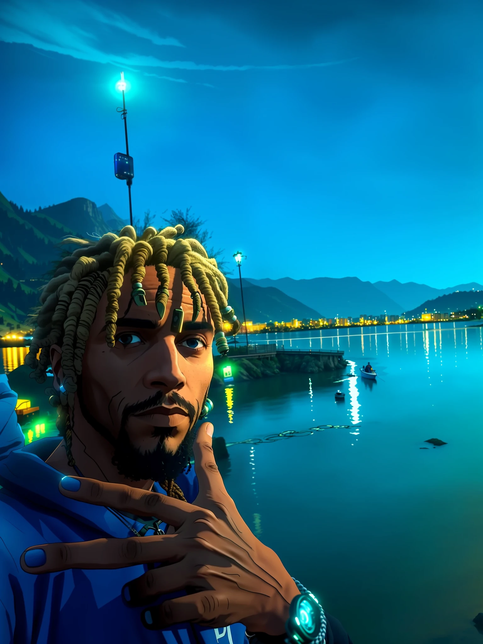 There is a man with dreadlocks standing at the water's edge, night scenery, taken in early 2020, lake in the background, 8k selfie photography, river in front of him, with mountains in the background, high quality image, futuristic scenery, dreads, with mountains in the background, night, GTA San Andreas style