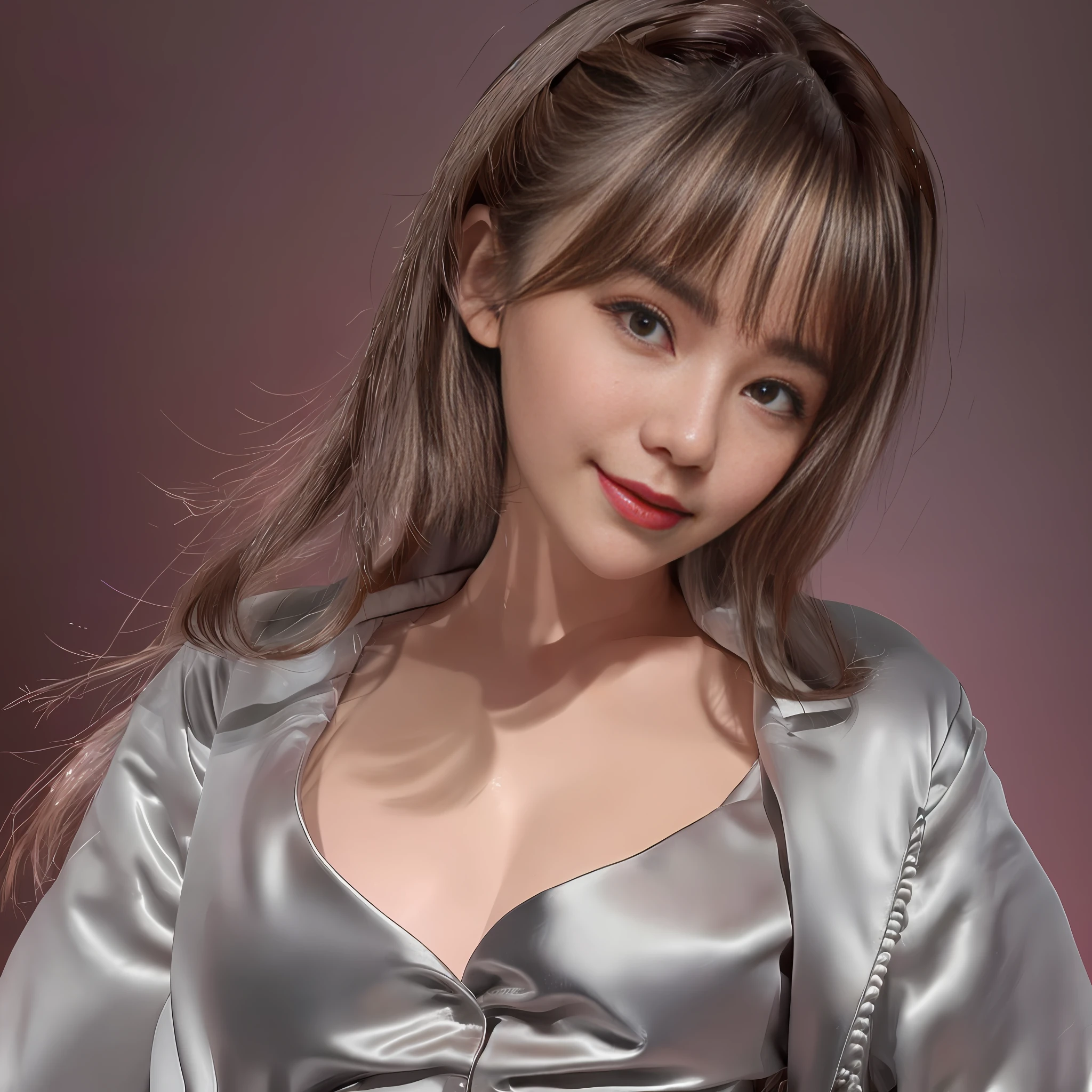 (RAW Photos, Best Quality, Masterpiece: 1.2), (Realistic, Photorealistic: 1.37), 1 Girl, Light Smile, (Big: 1.2), (High Detail: 1.2), (Detail Background: 1.2), (Shiny Skin: 1.2), (Skin Dents: 1.3), (Plump: 1.2), (Perfect Body: 1.35), (Portate: 0.8), Gorgeous, Floating Hair, Head Tilt, watch the viewer, (small head: 1.4), wear a satin wrench coat, the material of the satin wrench coat and satin blouse is shiny, soft and smooth to the touch, the buttons of the satin wrench coat are large, the buttons in front of the satin wrench coat are fastened, and the underwear is not worn, the collar of the satin blouse must be taken out of the satin wrench coat, Body-fitting satin blouse, chest is C cup, Japan fashion model, wearing a shirt, wearing a coat, one beauty, the place is a hotel bedroom, the subject is one,