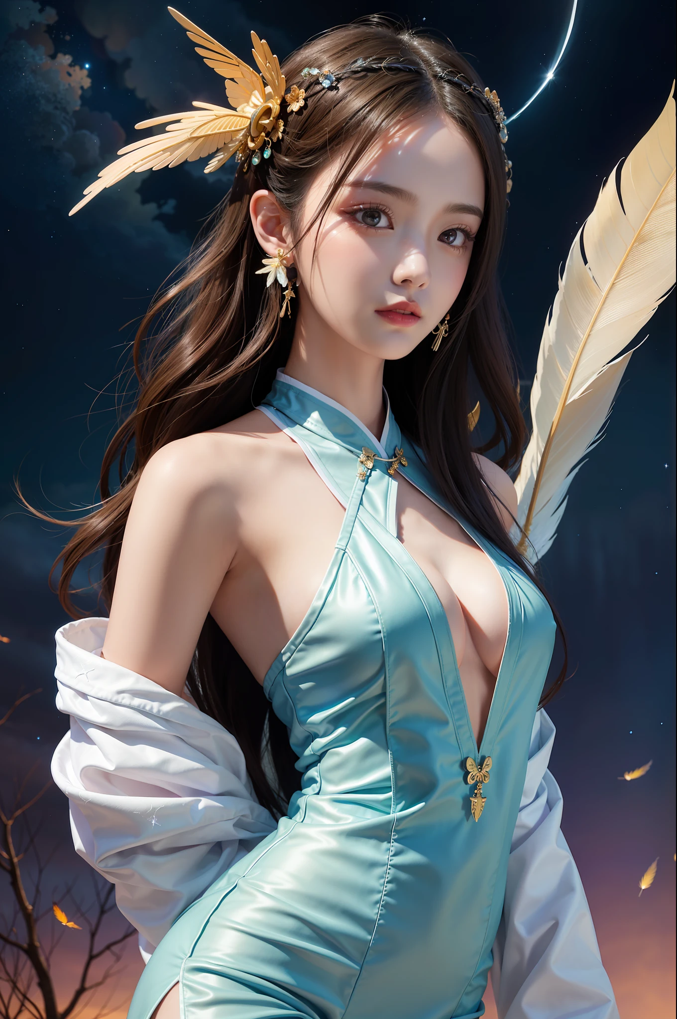 (Masterpiece, top quality, best quality, ultimate detail, supreme detail, official art, Beauty and aesthetics: 1.2), colors, denim lens, upper body shot, beautiful face, solo, perfect figure, fly in the sky, portrait of a girl, silver gradient hair, brunette hair, fairy, flowing streamers, (sexy, nude: 2.3), sun rays, clouds, hanfu, chinese clothes, water, fireflies, night, starry sky, jewelry, feathers on dresses, peacock feathers, light particles, volumetric lighting, ray tracing (flowing streamers: 1.1), (fantasy: 1.2), illuminators, stars, fantasy, high contrast, ink strokes, overexposure, purple and red tone impressions,  abstract, (watercolor by Berkey and Jerememan)) brush strokes,