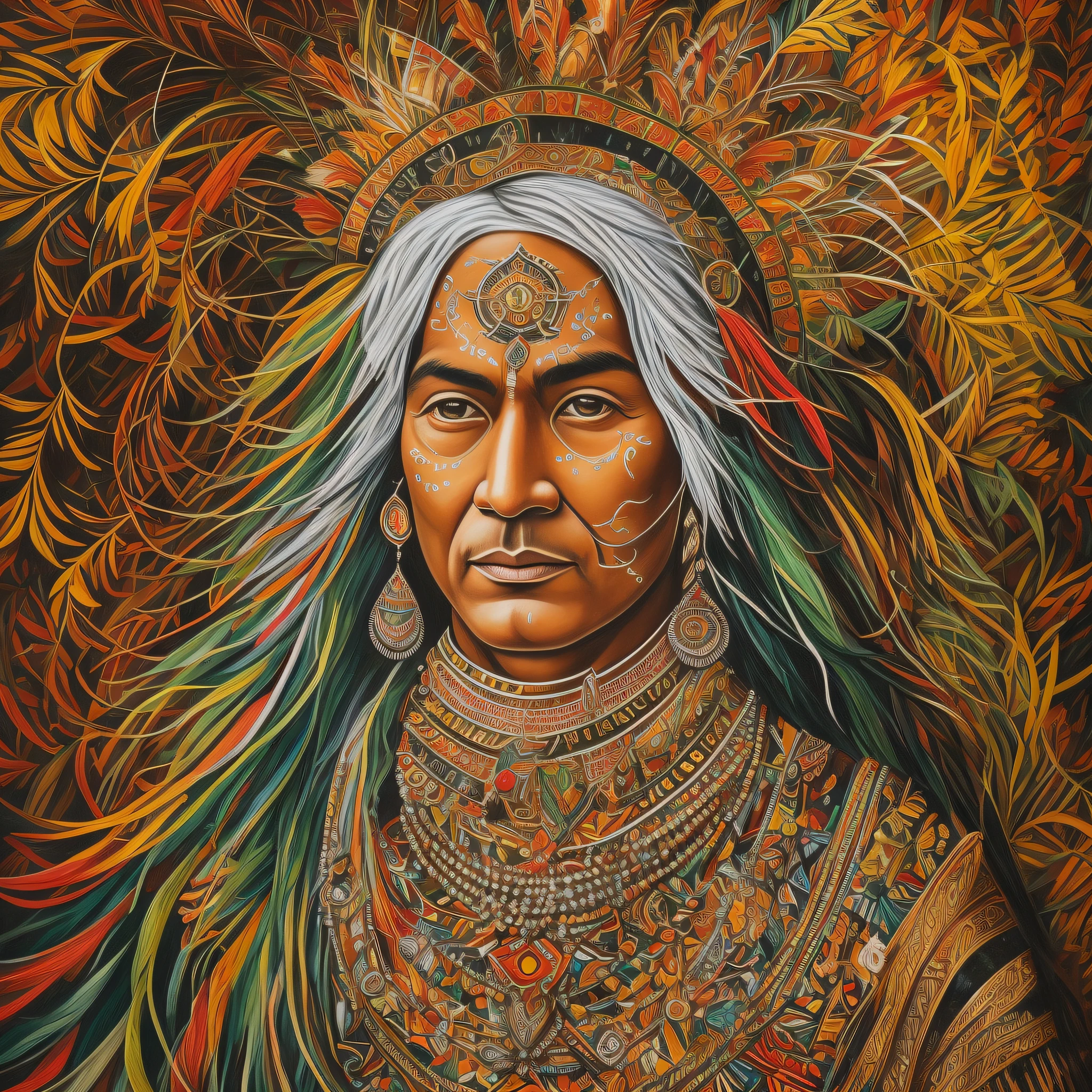 The image is an oil painting depicting an Amazon shaman in vibrant colors and loose brushstrokes. He is about 60 years old and has long, gray hair, which contrasts with his dark, sun-reddened skin. His face has wrinkles that show his wisdom and experience. His eyes are brown and expressive, conveying calm and serenity. He wears a headdress of feathers of various colors, which stand out in the composition. Her neck and ears are adorned with necklaces and earrings made of animal seeds, shells, and teeth, which symbolize her connection to nature and her ancestors. His face is painted with geometric shapes in black and red, made with jenipapo and annatto, which mark his identity and his function as a shaman. He holds in his hands a maraca, an instrument he uses to communicate with spirits in their healing rituals. On his chest, he has a necklace with a green stone, which shines as his source of energy and knowledge. The background of the image is a scene of the Amazon rainforest, with trees, plants and animals in shades of green, brown and yellow. The sunlight creates a play of shadows and reflections between the leaves, giving depth and movement to the painting. The image is a tribute to indigenous culture and its harmony with the environment. --auto --s2