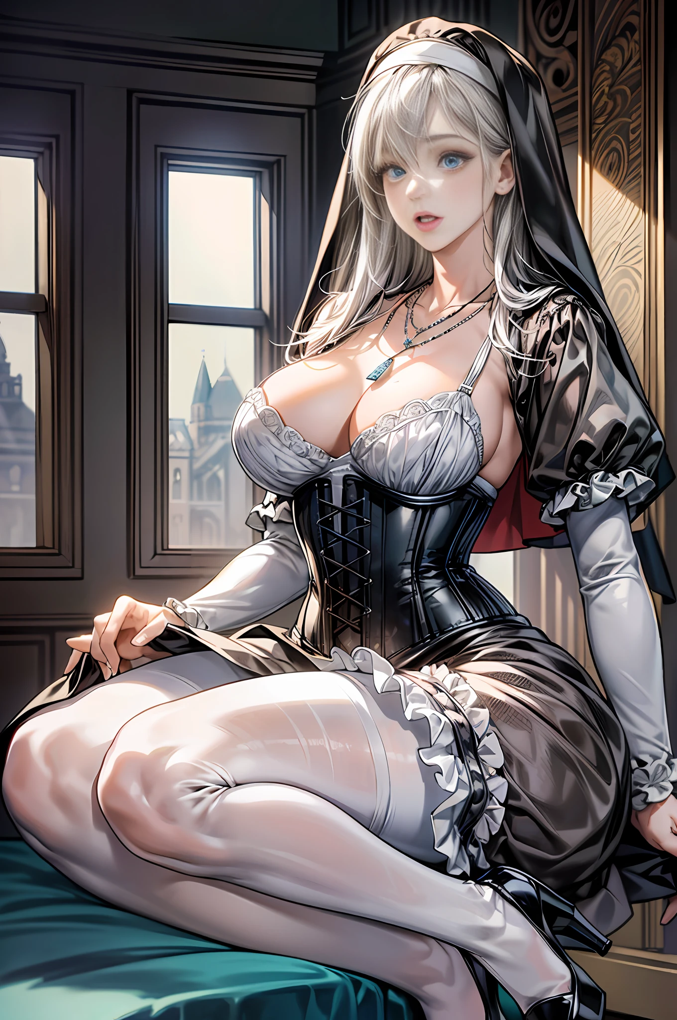 Best quality, masterpiece, high resolution, ultra-realistic 8k CG, beautiful girl with gray hair, blue eyes, open mouth, puffy, plump body, nun bandana, (corset, nun dress), fleshy thighs, (full body white pantyhose), high heels, full body, looking at the audience, symmetrical, charming, complex, sexy, elegant, hands interlocked, hair accessories, necklace, tyndall effect, realistic, dark studio, edge lighting, two-tone lighting, (high detail skin: 1.2), 8k uhd, dslr, soft light, high quality, volumetric light, sneak peek, photo, high resolution, 4k, 8k, bokeh,