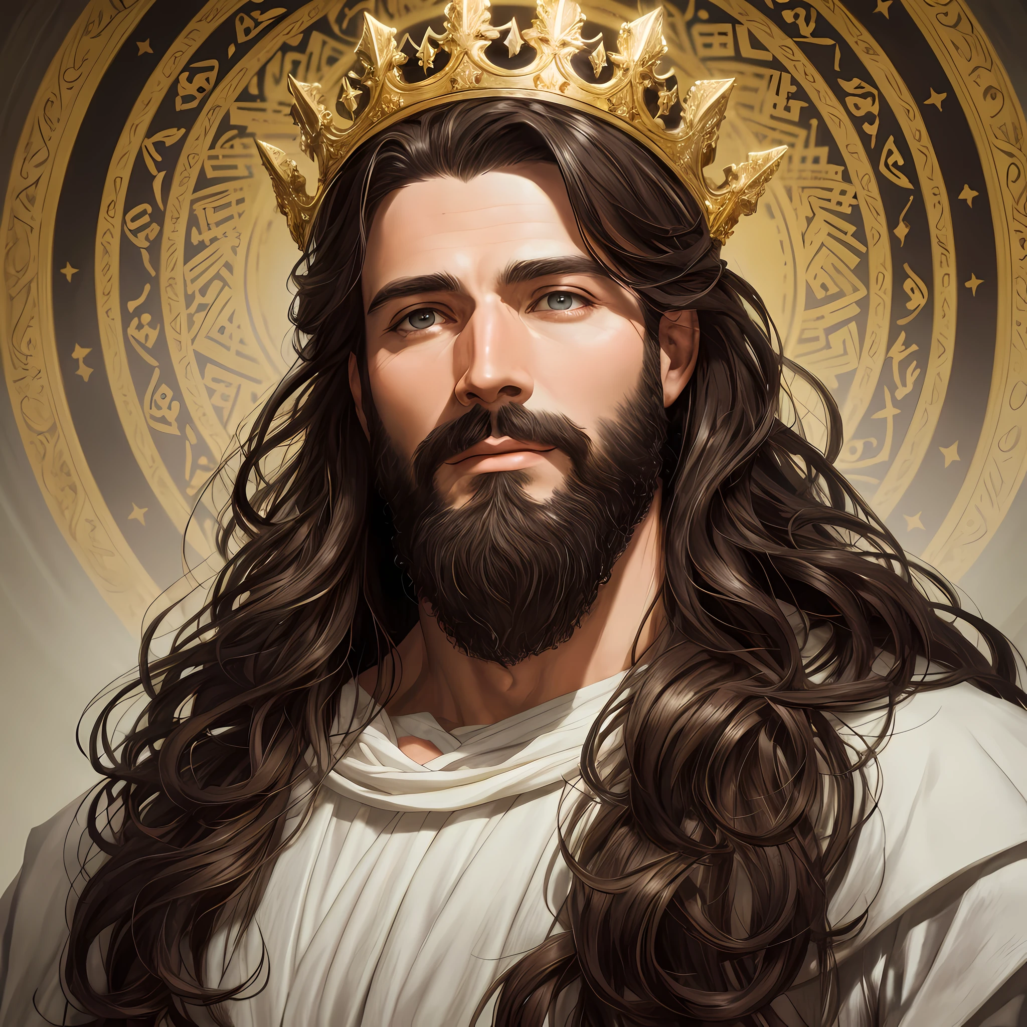 8k portrait of Jesus Christ, with medium beard, (dark brown hair and beard), dressed in white tonics, king's crown, with a luminous crown on the head, intricate, elegant, highly detailed, majestic, digital photography, art by artgerm and ruan jia and greg rutkowski surreal painting (masterpiece, side lighting, beautiful finely detailed eyes: 1.2 ), hdr, --auto --s2