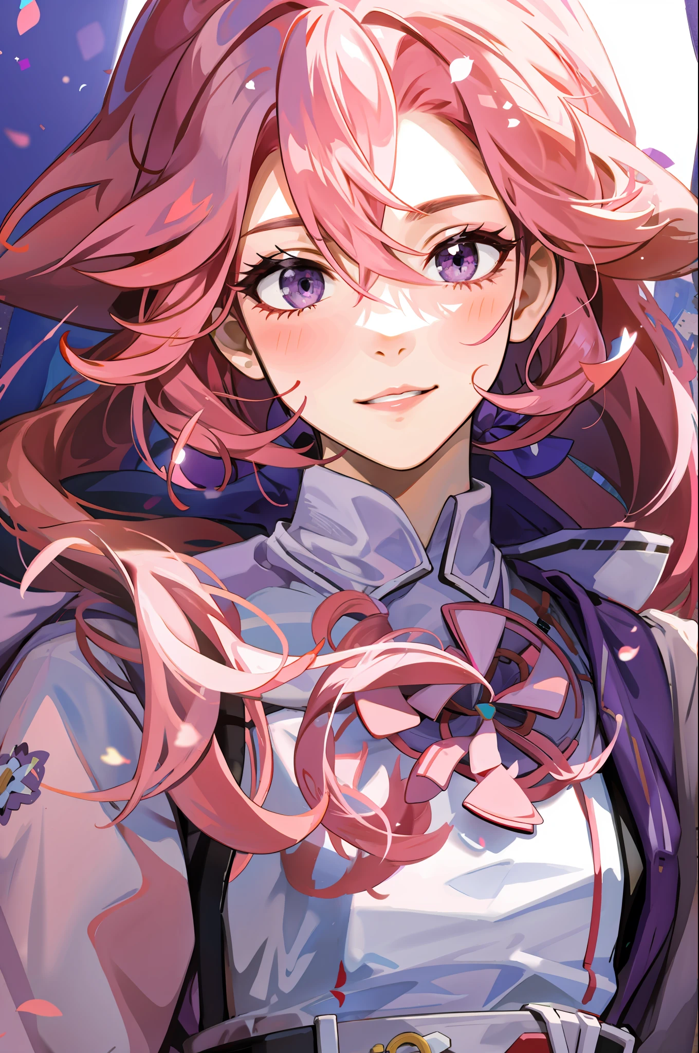 a girl, pink hair ,purple eyes,