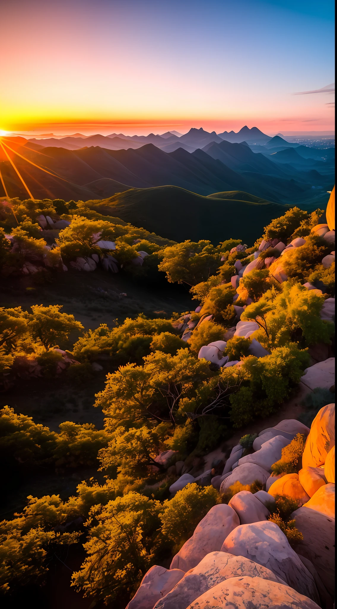 Sunset, evening glow, distant view, realistic, rich colors, gorgeous and colorful, wide-angle lens, shooting in the evening, positive film, naturalistic style, high-definition filming.