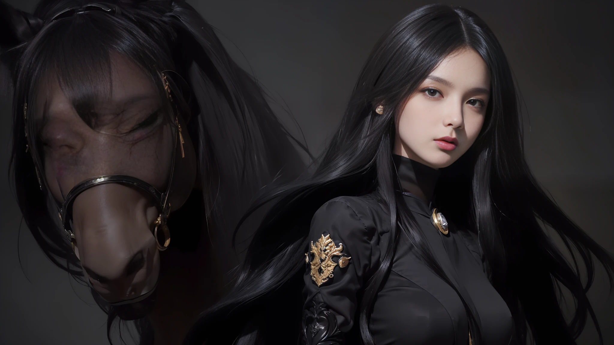 (((masterpiece+best quality+high resolution+ultra-detailed))), long silky black hair, high nose, sharp eyes, noble and inviolable temperament, (([female]: 1.2 + [beauty]: 1.2 + black long hair: 1.2)), dark and deep background, bright eyes, dynamic angle and posture.