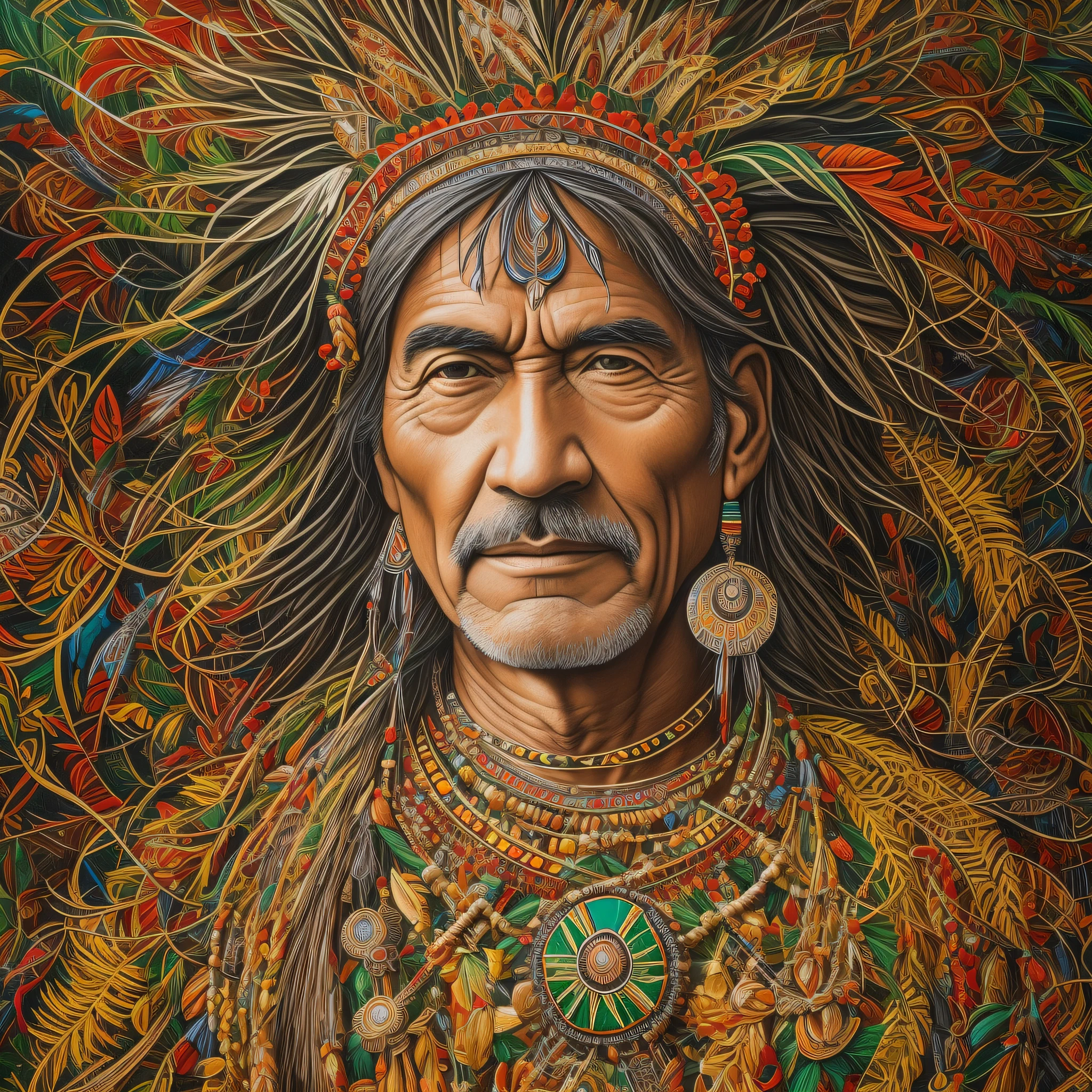 The image is an oil painting depicting an Amazon shaman in vibrant colors and loose brushstrokes. He is about 60 years old and has long, gray hair, which contrasts with his dark, sun-reddened skin. His face has wrinkles that show his wisdom and experience. His eyes are brown and expressive, conveying calm and serenity. He wears a headdress of feathers of various colors, which stand out in the composition. Her neck and ears are adorned with necklaces and earrings made of animal seeds, shells, and teeth, which symbolize her connection to nature and her ancestors. His face is painted with geometric shapes in black and red, made with jenipapo and annatto, which mark his identity and his function as a shaman. He holds in his hands a maraca, an instrument he uses to communicate with spirits in their healing rituals. On his chest, he has a necklace with a green stone, which shines as his source of energy and knowledge. The background of the image is a scene of the Amazon rainforest, with trees, plants and animals in shades of green, brown and yellow. The sunlight creates a play of shadows and reflections between the leaves, giving depth and movement to the painting. The image is a tribute to indigenous culture and its harmony with the environment. --auto --s2