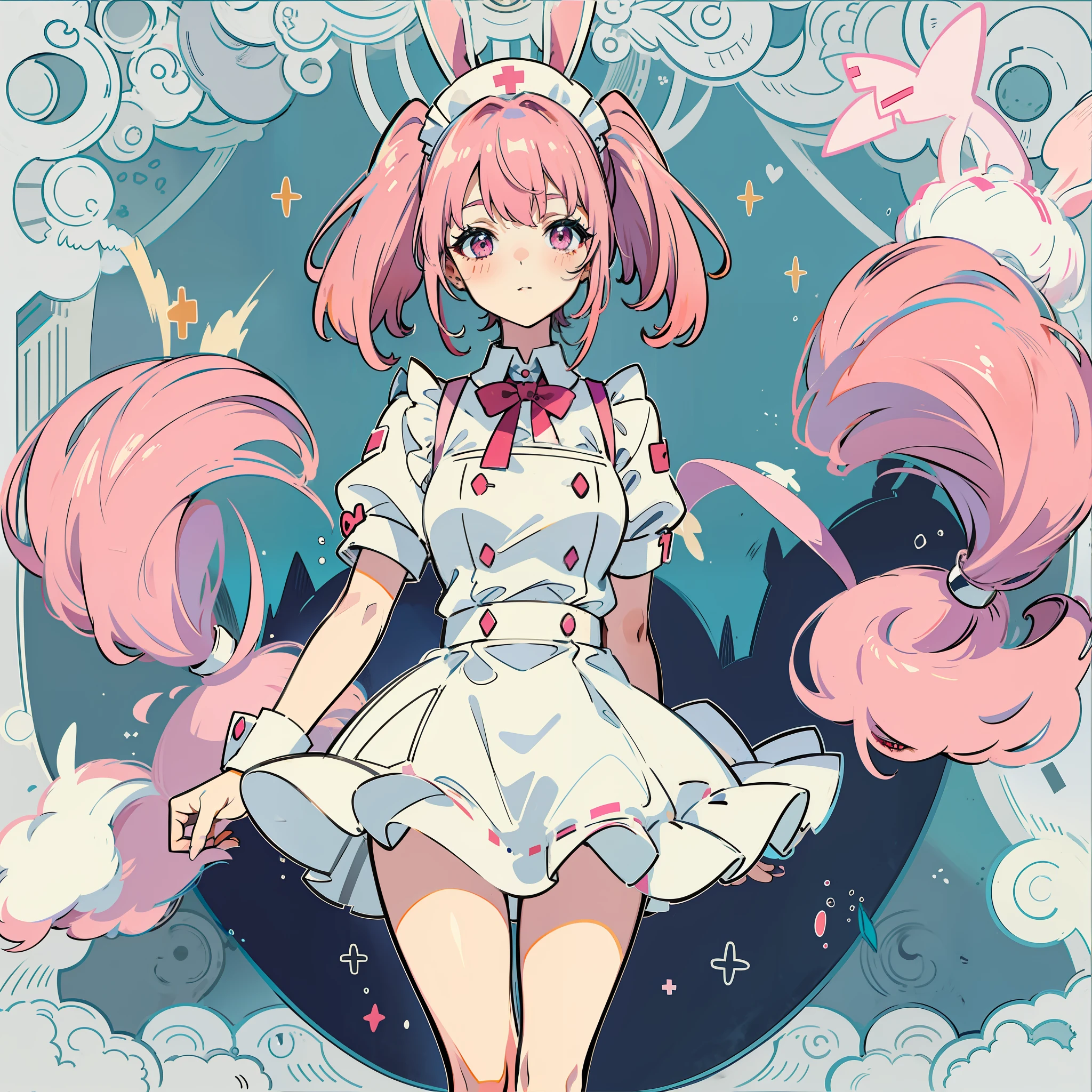 Nurse, maid outfit, twin tails, pink hair, rabbit ears