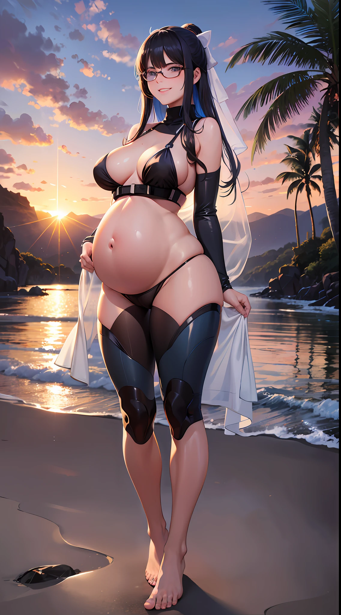 (Realistic, Realistic: 1.37), (Masterpiece), (Best Quality: 1.4), (Ultra High Resolution: 1.2), (RAW Photo: 1.2), (Sharp Focus: 1.3), (Facial Focus: 1.2), Elegance, (Full Body: 1.2), (1 pregnant woman wearing open-belly white transparent briefs and white transparent bra: 1.3), (Beach girl), Large bulge, Sunglasses, Barefoot (24 years: 1.1), (Happy smile: 1.3), (Shiny hair: 1.3), Standing, full body, bare belly 
(), landscape, (beautiful sunset background: 1.2), from behind, back, bangs, beautiful detail eyes, looking at the viewer, (cute), (without makeup), bulge, super huge erection under clothes
+ Lola