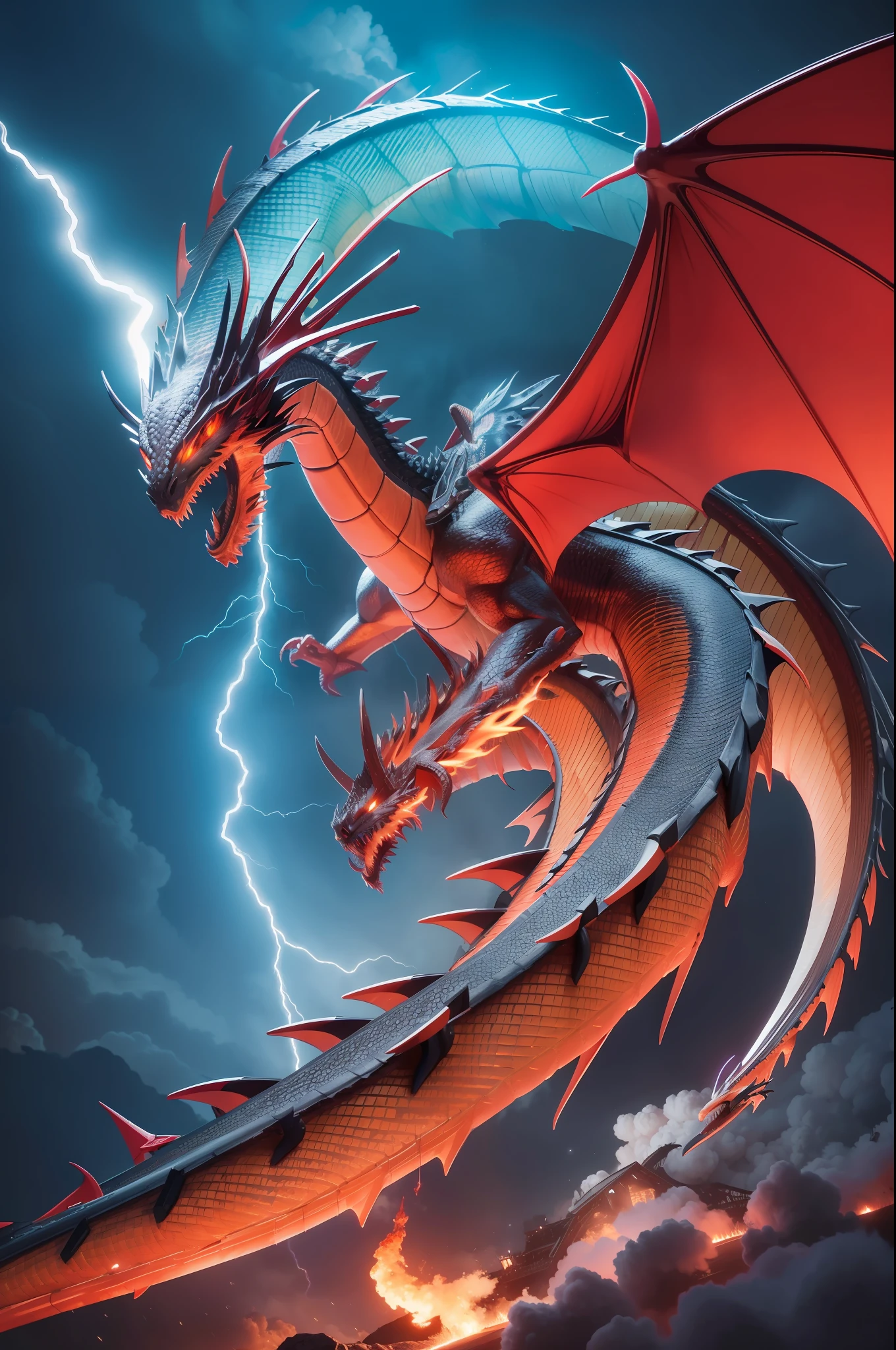 Huge flying dragon, lightning, fire, night, hyper dark background, tornado, masterpiece, real photo stick, ultra sharp, fire effect, neon light effect, dark effect