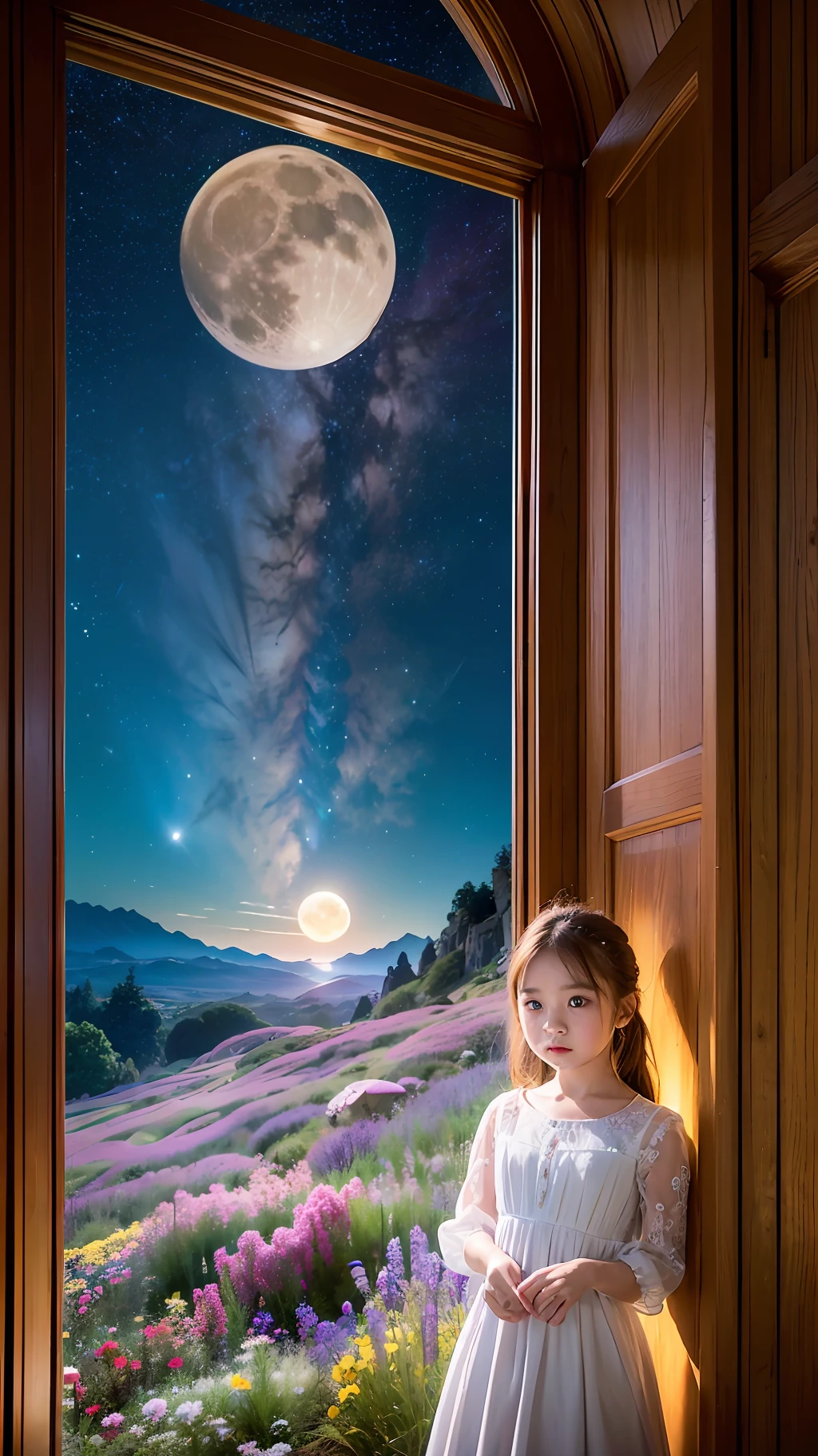 Expansive landscape photograph, (view from below with a view of the sky and wilderness below), little girl standing in a flower field looking up, (full moon: 1.2), (shooting star: 0.9), (nebula: 1.3), distant mountain, tree break production art, (warm light source: 1.2), (firefly: 1.2), lamp, purple and orange, intricate detail, volume lighting, realism break (masterpiece: 1.2) (Best Quality), 4K, Ultra-Detailed, (Dynamic Configuration: 1.4), Highly Detailed and Colorful Details, (Iridescent Colors: 1.2), (Glowing Lighting, Atmospheric Lighting), Dreamy, Magical, (Solo: 1.2)