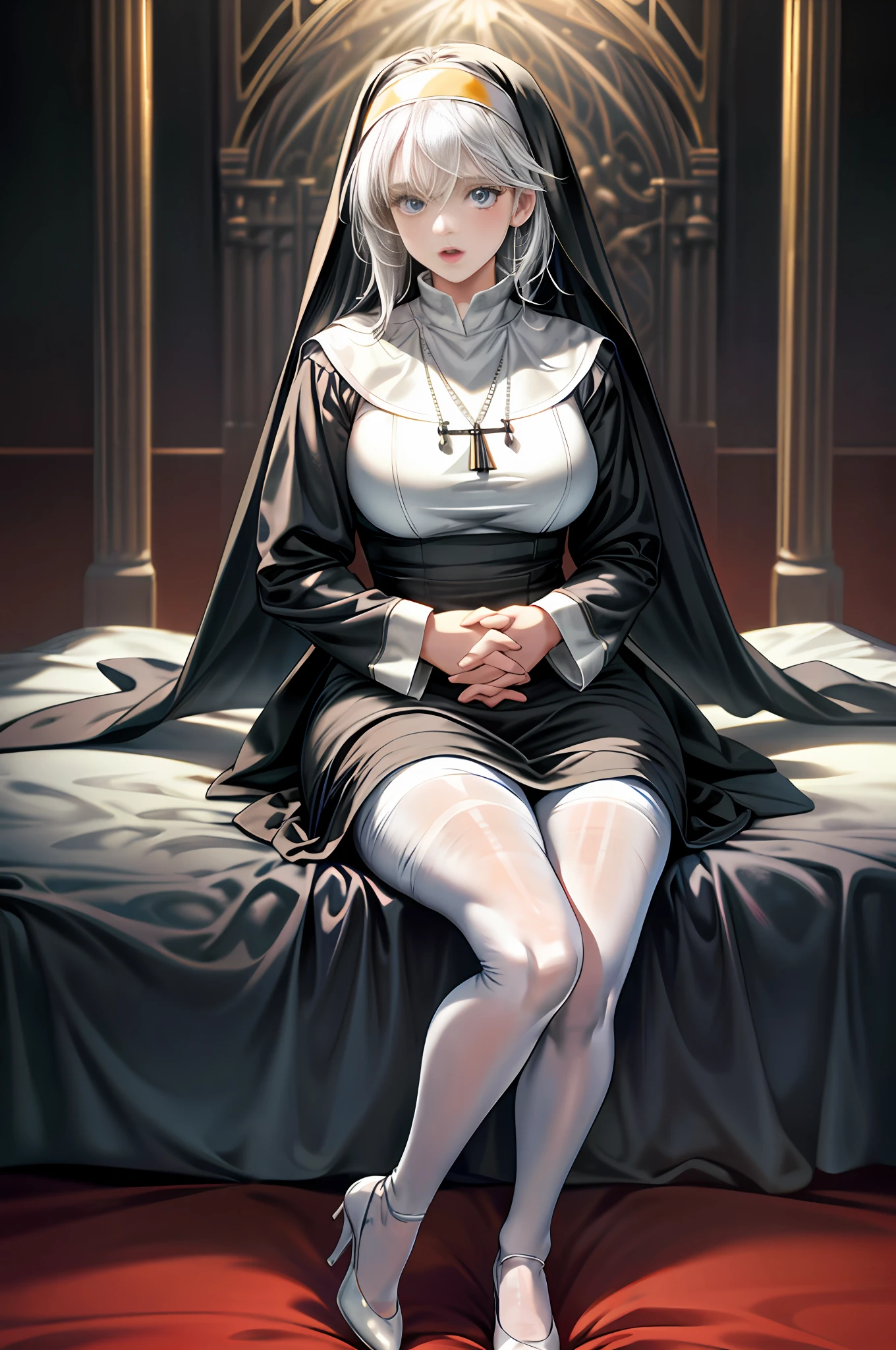 Best quality, masterpiece, high resolution, ultra-realistic 8k CG, beautiful girl, white hair, blue eyes, open mouth, puffy, plump body, nun bandana, (tunic, nun dress), fleshy thighs, (full body white pantyhose), high heels, full body, looking at the audience, symmetrical, charming, complex, sexy, elegant, hands interlocked, hair accessories, necklace, Tyndall effect, realistic, dark studio, edge lighting, two-tone lighting, (high detail skin: 1.2), 8k uhd, dslr, soft light, high quality, volumetric light, sneak peek, photo, high resolution, 4k, 8k, bokeh,