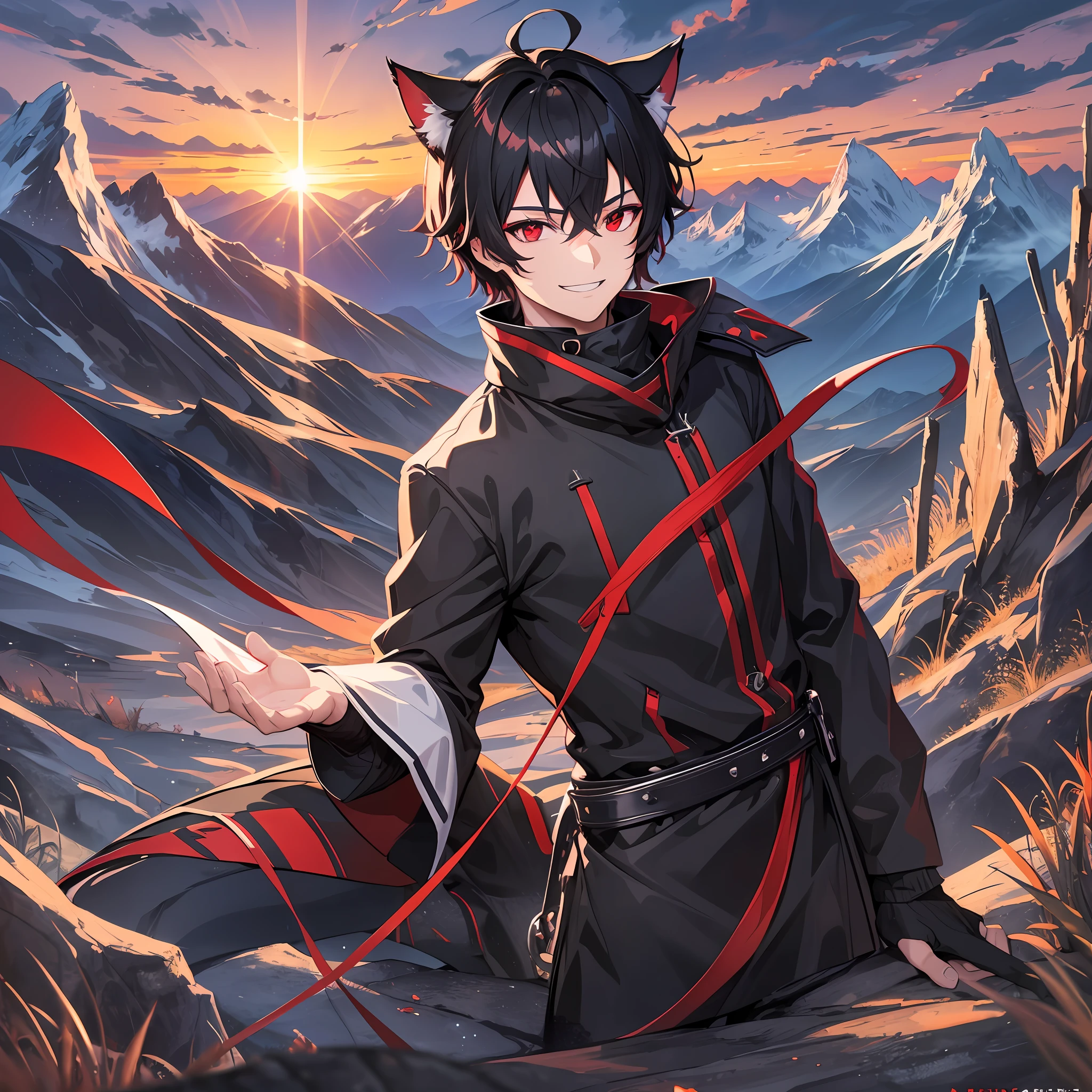 1boy, glossy dark black hair, red eyes, large sharp cat ears, cat tail, staring at viewer while grinning, mountainous setting, sunrise, 4k Resolution