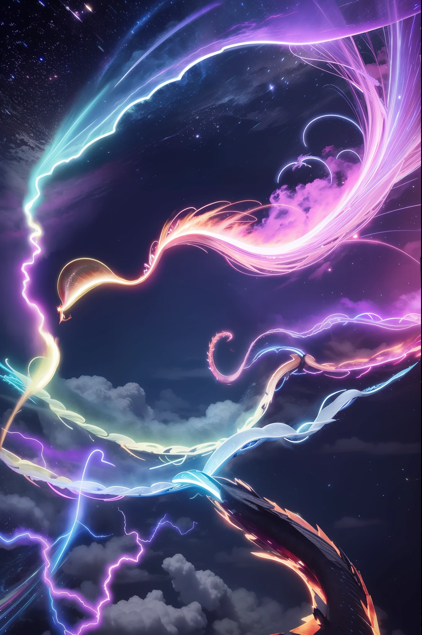 Huge flying dragon, lightning, flame, night, hyper dark background, tornado, real photo stick, ultra sharp, fire effect, neon light effect