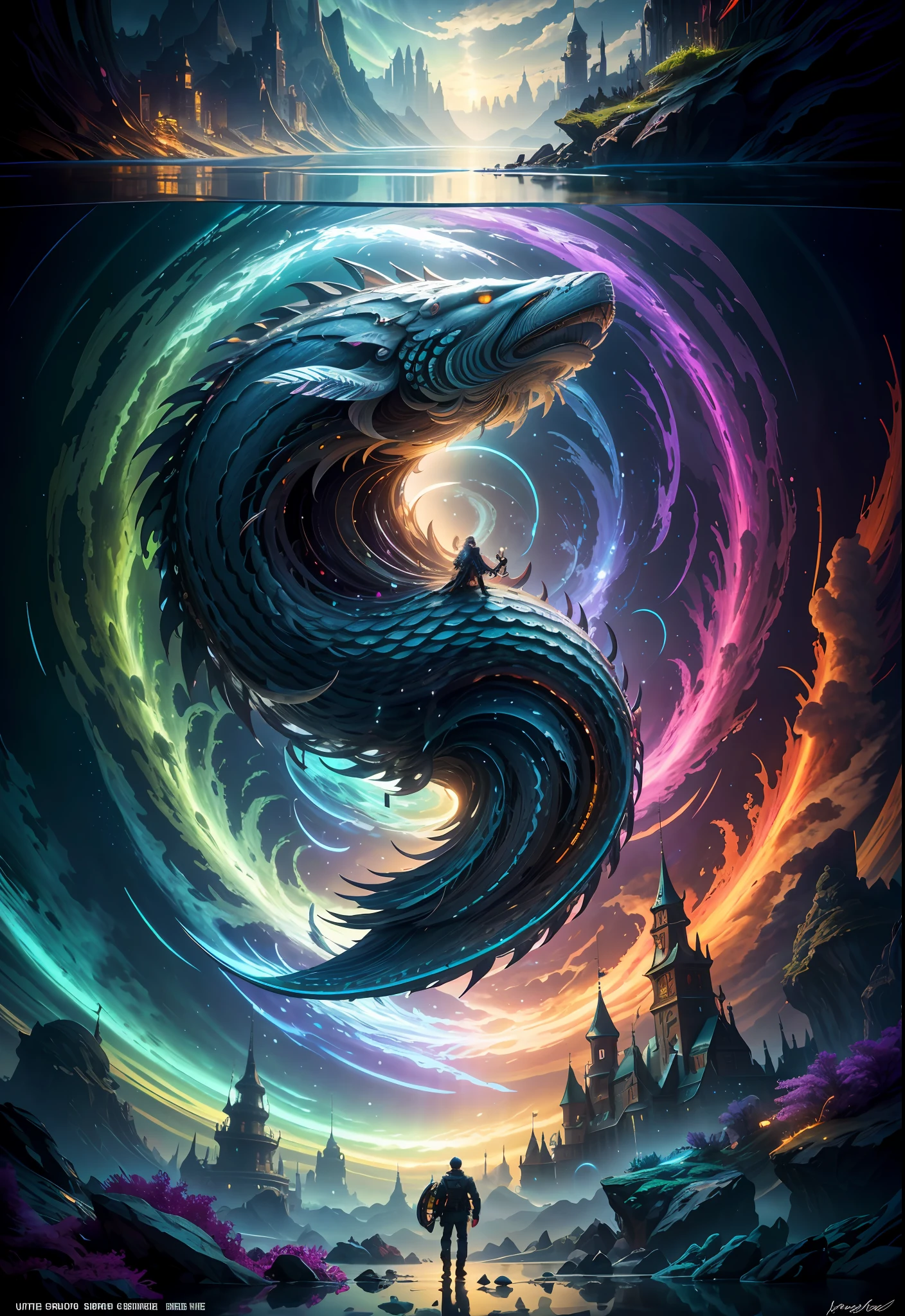 high resolution, shadow, absurd, best_quality, ultra_detailed, 8K, extremely_clear, Photos, beauty, sharp focus, HDR, masterpiece, acura, 1 man, adult,, tall muscular man, dark theme, magic array, bubble, rainbow sunlight, underwater, reflector, floating glass sheet, rainbow light, bubble swirl, wind vortex, aurora, fantasy landscape, starlight around the character, (upper body), underwater, giant whale, Fantastic location, dreams, flying, underwater cyberpunk city