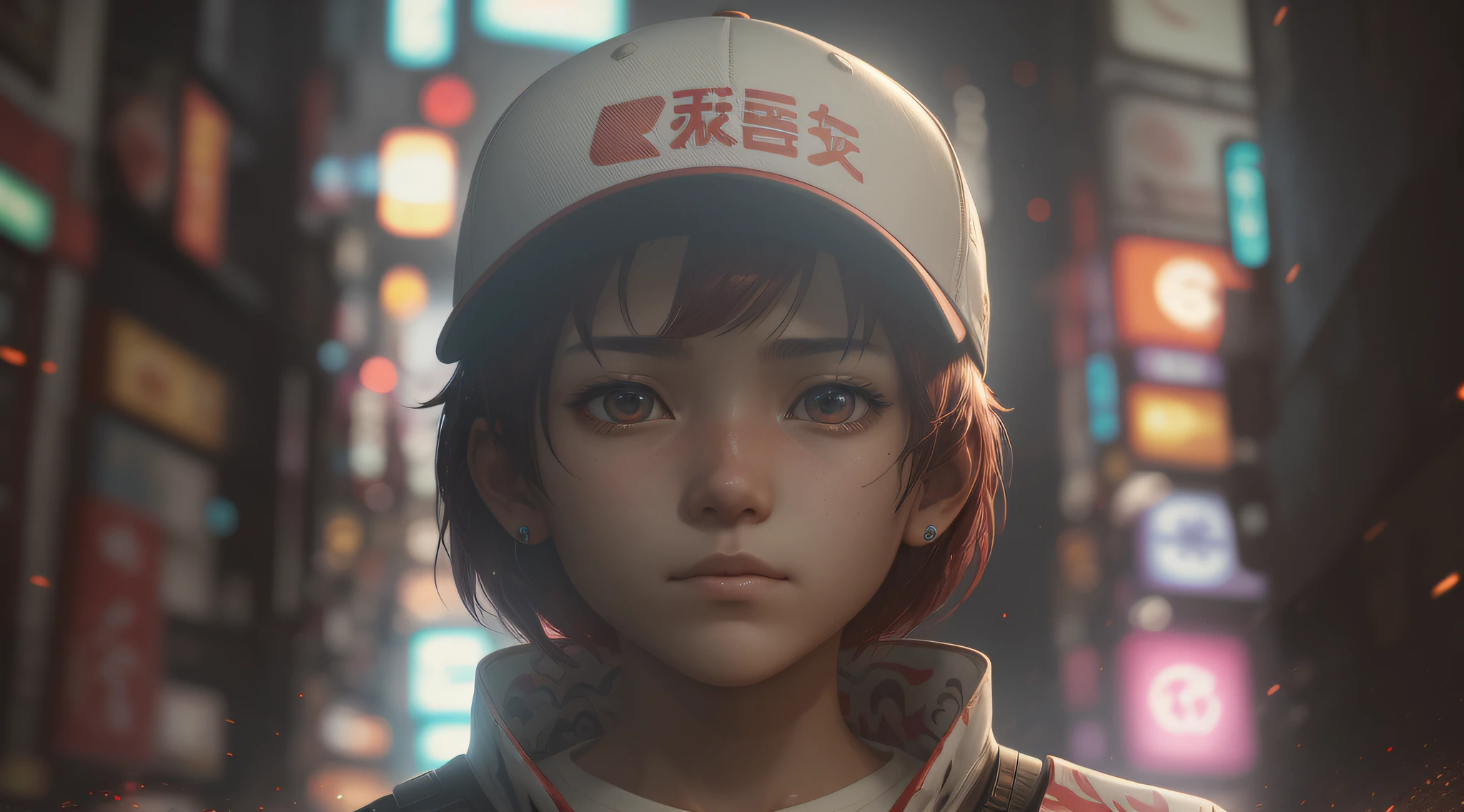 girl standing with an aura around, tokyo city, wearing a printed shirt and white brown cap, short red hair, realistic,8k, unreal engine 5, 3D, (extremely complex), close-up, cinematic light, ultra high resolution, best shadow, cyberpunk, light particles --auto --s2