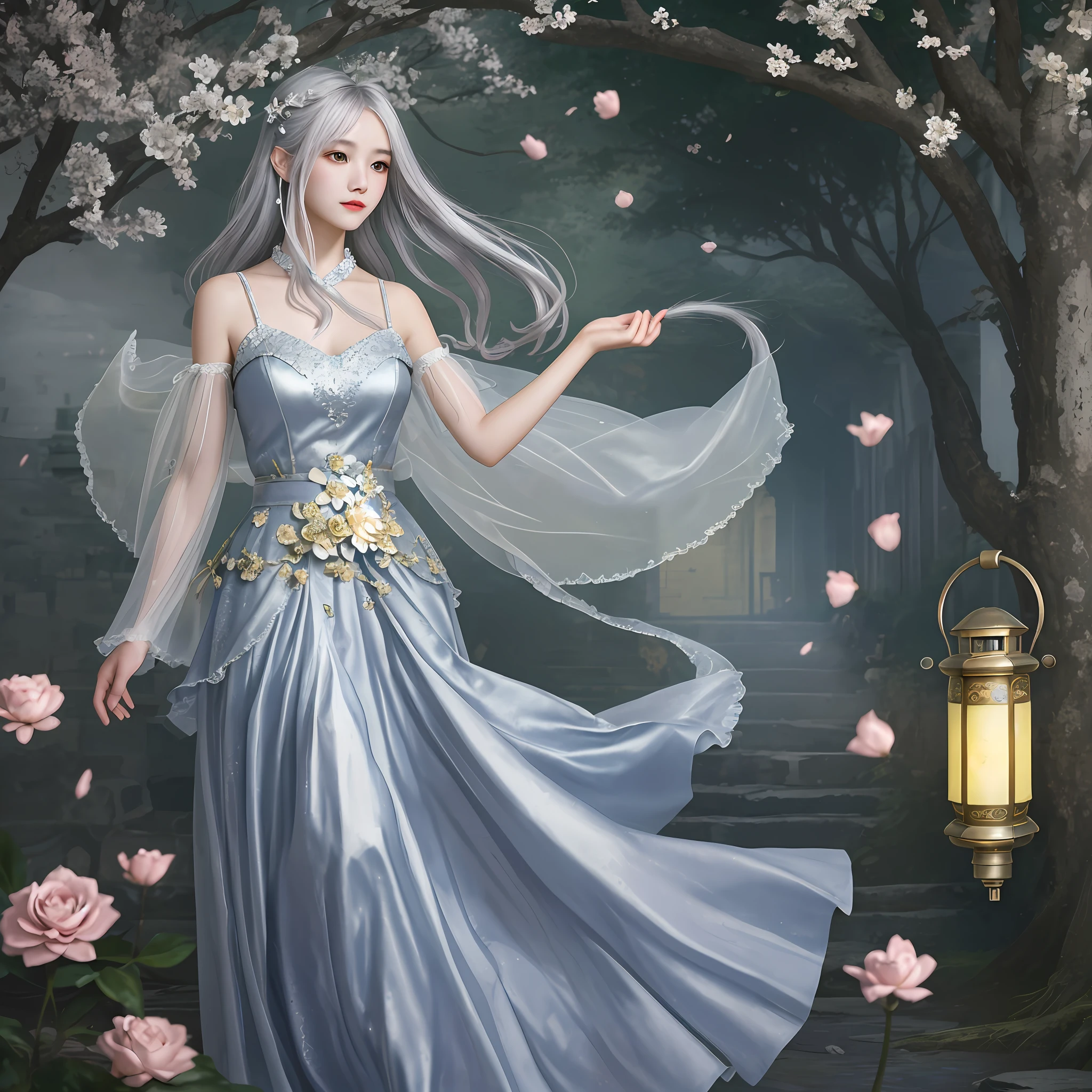 Masterpiece quality, official wallpaper, high-precision CG picture quality, atmospheric antique scene, 1 girl, broken flower skirt, silver hair, golden city wall rising, fluttering Kong Ming lantern, delicate and magnificent