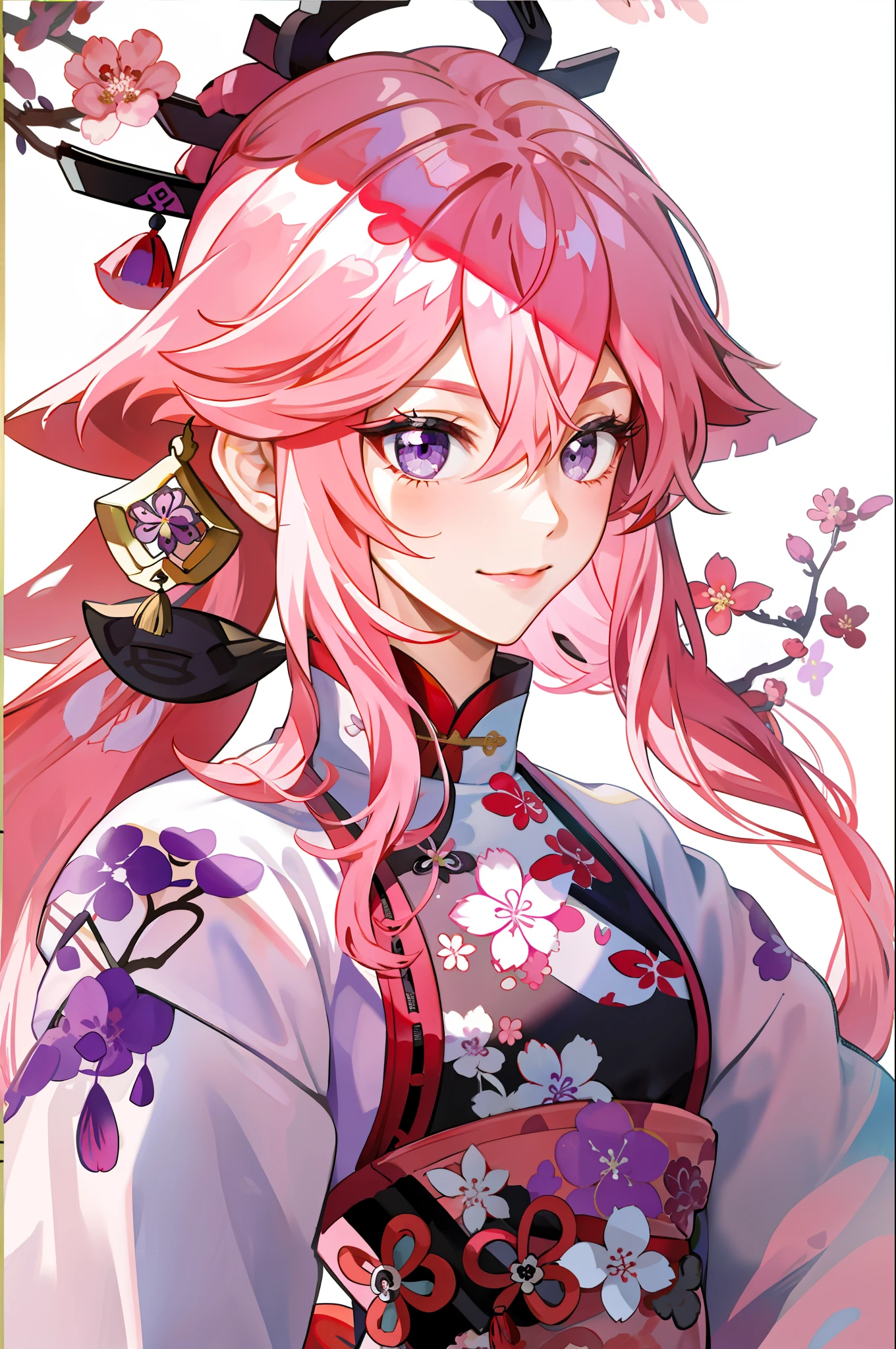 a girl, pink hair ,purple eyes, traditional Chinese ink painting