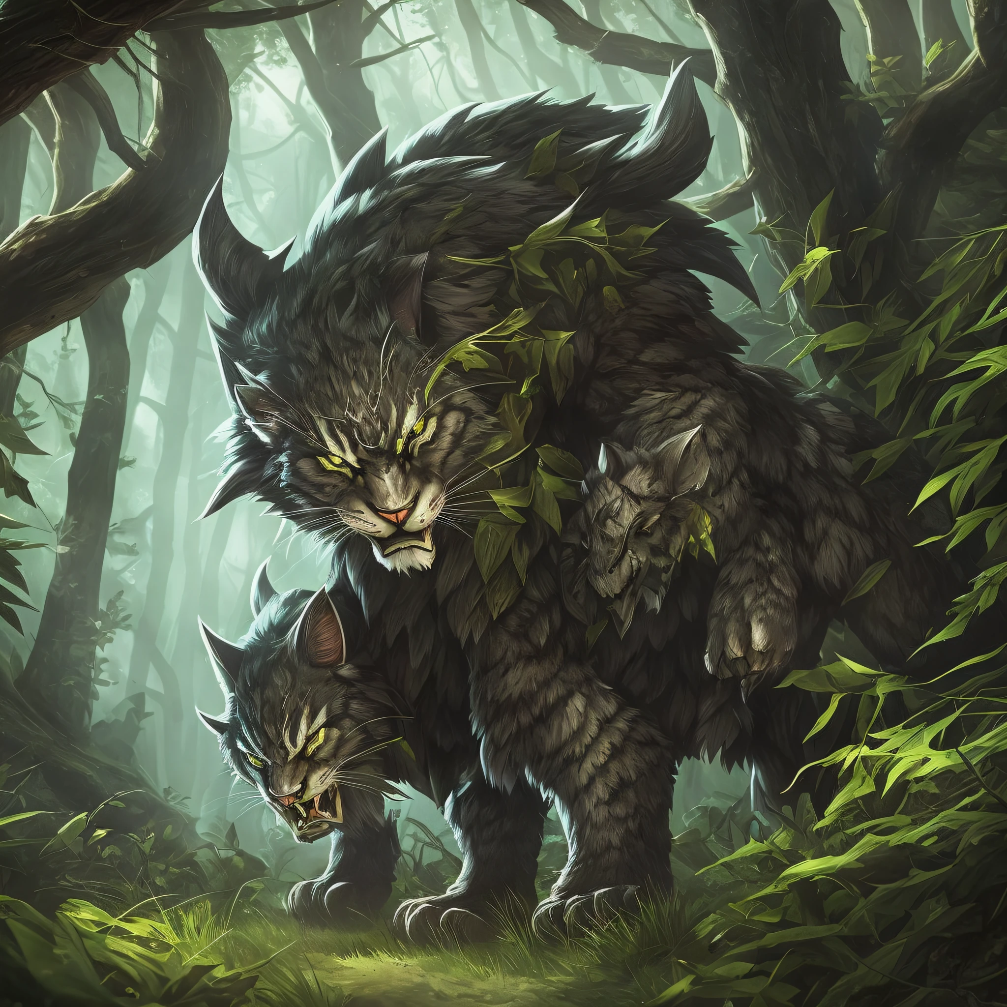League of legends character Rengar, hunting in the forest with dark background, with iron armor and hunting trophies --auto --s2