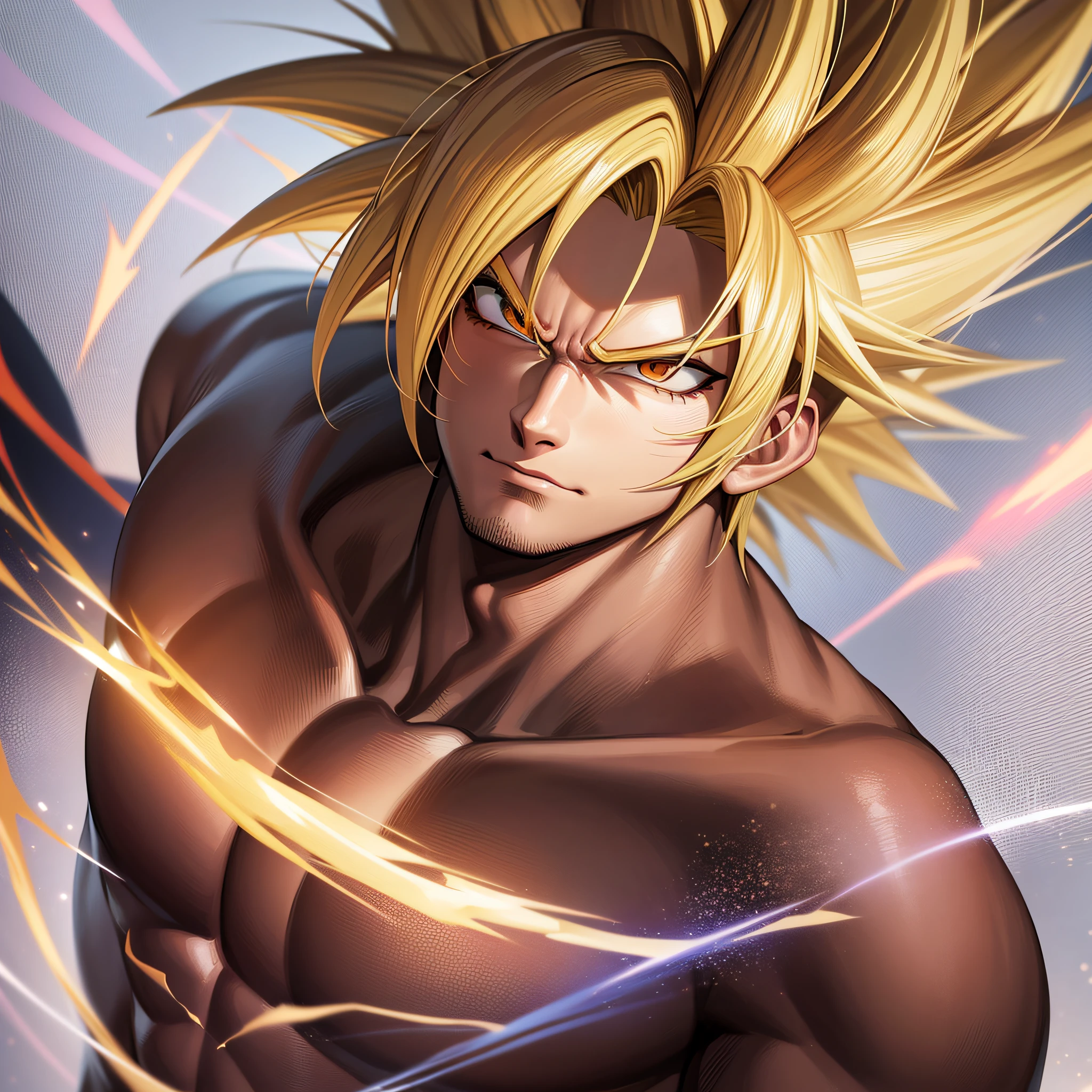 Son goku super sayajin looking up, serious face. aura of power. Muscles. soft light. digital art. 90's anime traits