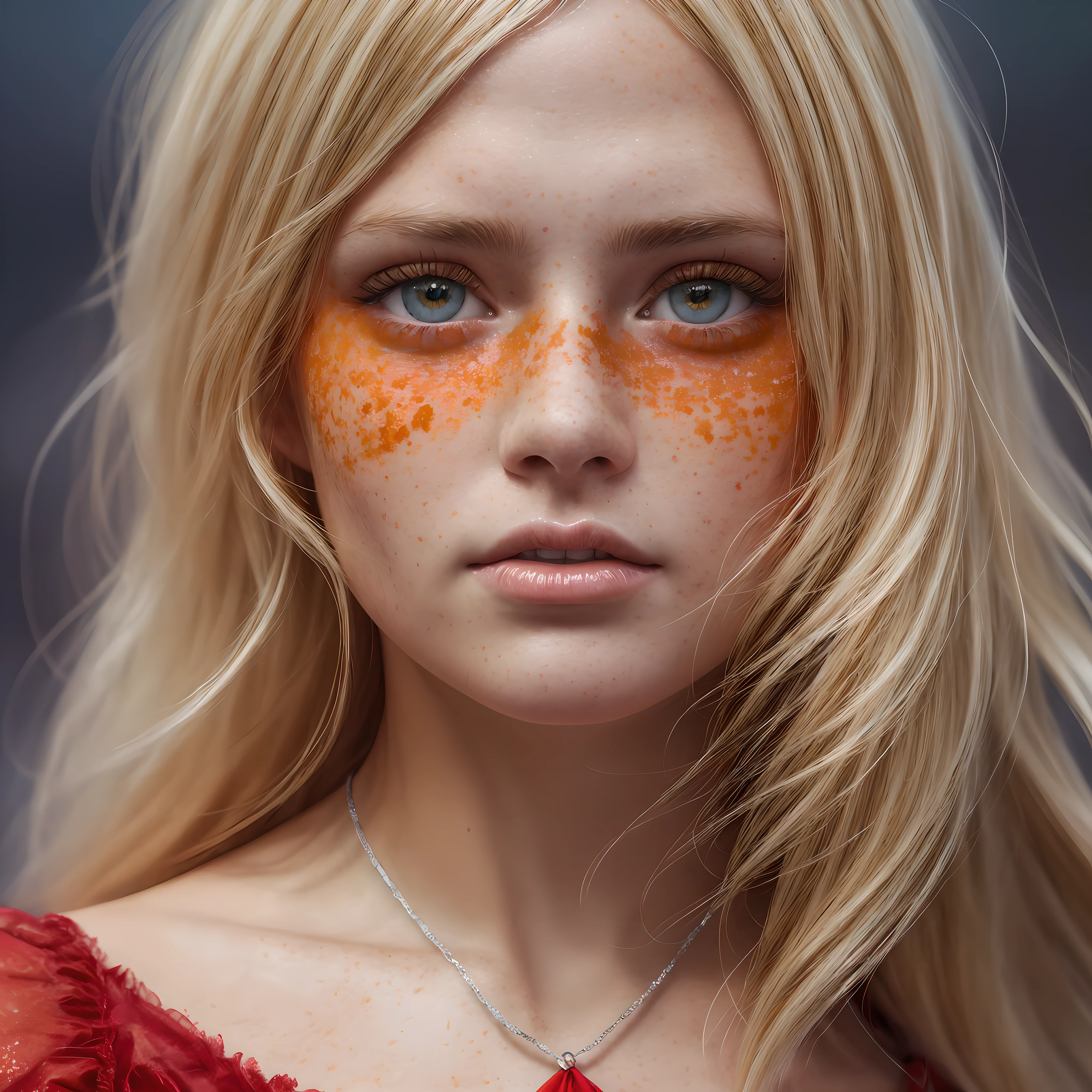 (digital painting:1.2) (closeup head shot), (looking at viewer:1.3),(1girl:1.3),(realistic photo:1.3), (portrait:1.2) , wearing red (dress:1.2), (blonde:1.3) hair, (highly detailed Heterochromia iridum eyes:1),(highly detailed skin:1.3),(freckles:1.1),pores, (4k), back lit, kidney light, moody dark lighting, (silver necklace:1),(greg rutkowski0.8), cinematic film yet, --auto --s2