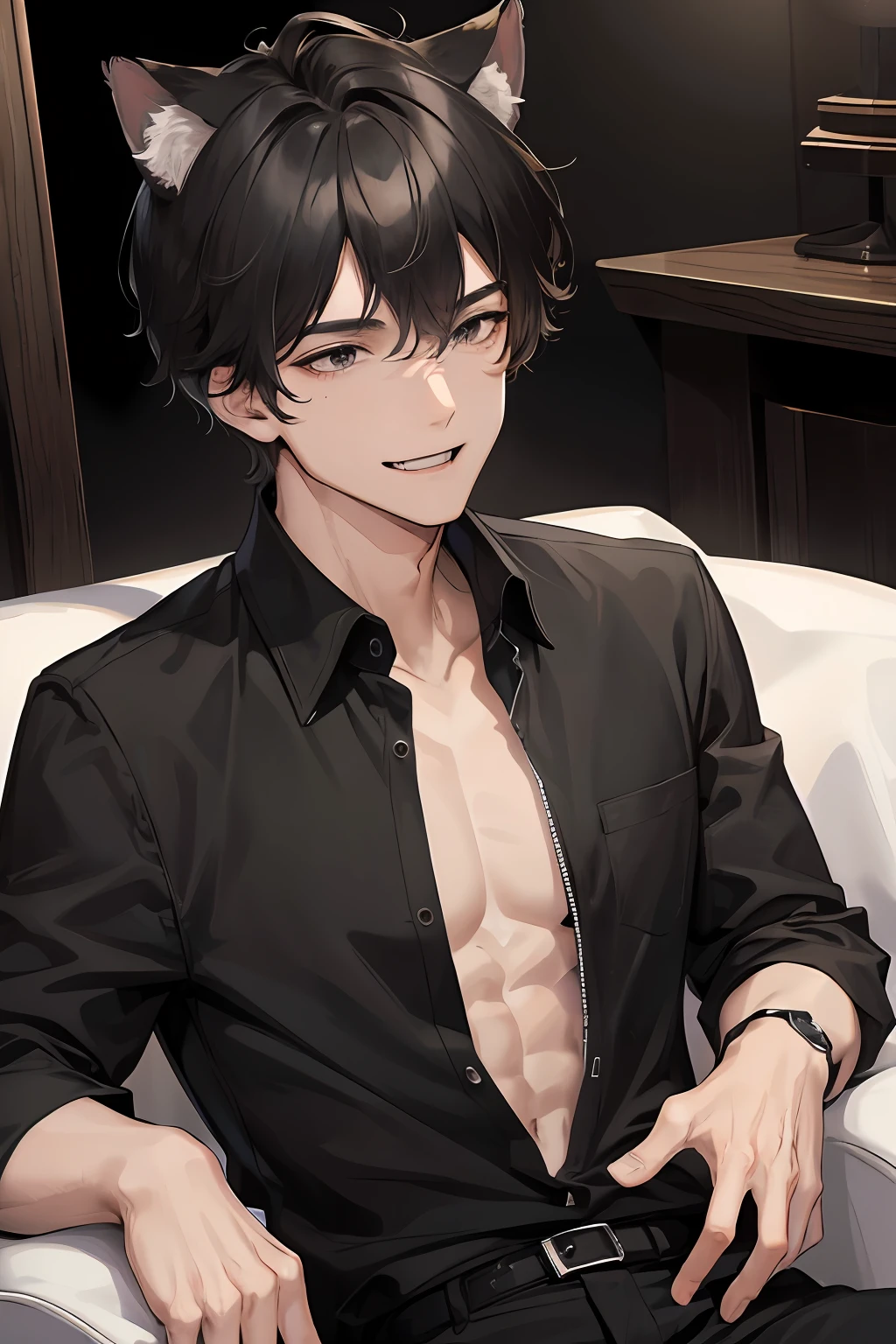 A boy, male cougar hybrid, cougar ears, cougar ears, athletic  body, black eyes, messy black hair, evil smile, black shirt