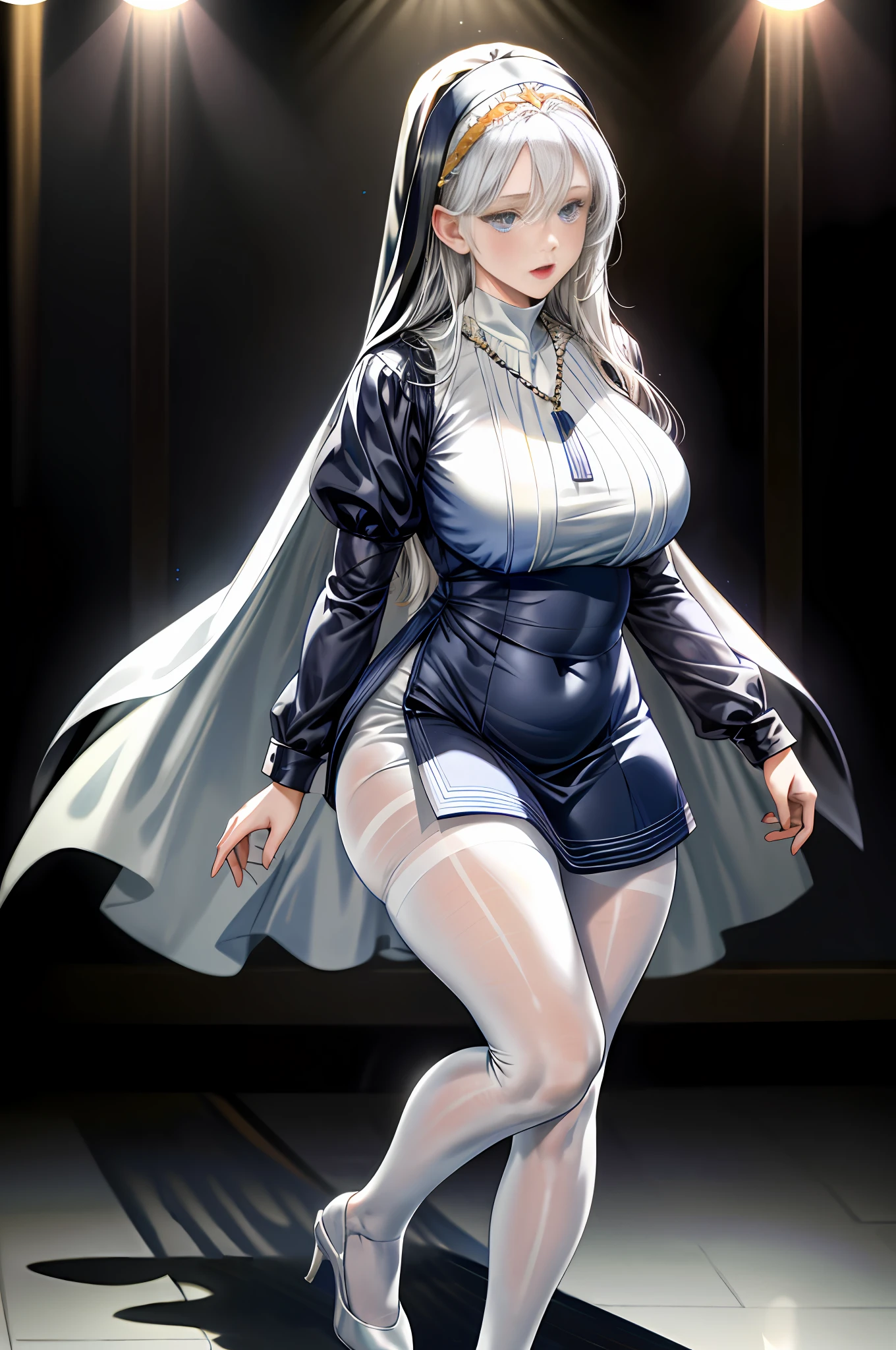 Best quality, masterpiece, high resolution, ultra-realistic 8k CG, beautiful girl, white hair, blue eyes, open mouth, puffy, plump body, nun bandana, (tunic, nun dress), fleshy thighs, (full body white pantyhose), high heels, full body, looking at the audience, symmetrical, charming, complex, sexy, elegant, hands interlocked, hair accessories, necklace, Tyndall effect, realistic, dark studio, edge lighting, two-tone lighting, (high detail skin: 1.2), 8k uhd, dslr, soft light, high quality, volumetric light, sneak peek, photo, high resolution, 4k, 8k, bokeh,