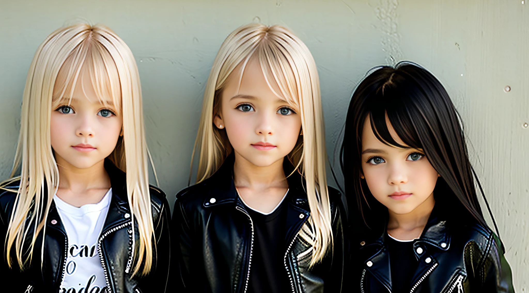 blonde  girls WITH STRAIGHT HAIR, GREEN BACKGROUND, BLACK LEATHER JACKET AND BLACK CLOTHING.