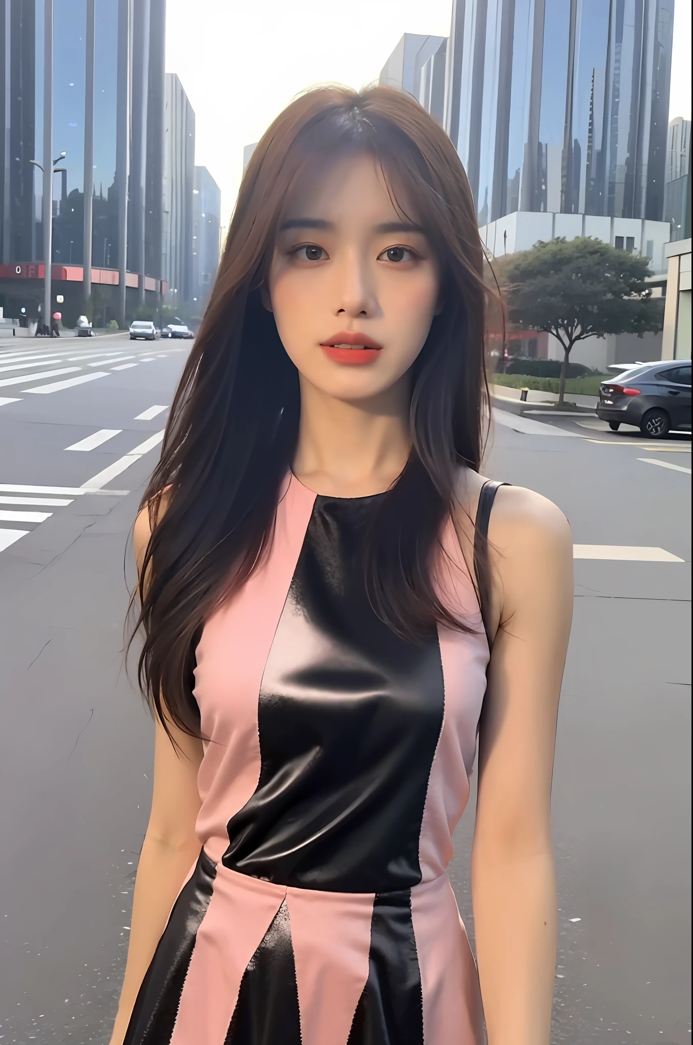 ((Midnight, Best Quality, 8K, Masterpiece: 1.3)), Upper Body, C-Cup ???????, Clear Focus: 1.2, Beautiful Woman in Perfect Figure: 1.4, Slim Abs: 1.1, (Dark Brown Hair)), (Red Low-cut Dress Standing: 1.2), City Street View, Very Detailed Face and Skin Texture, Delicate Eyes, Double Eyelids