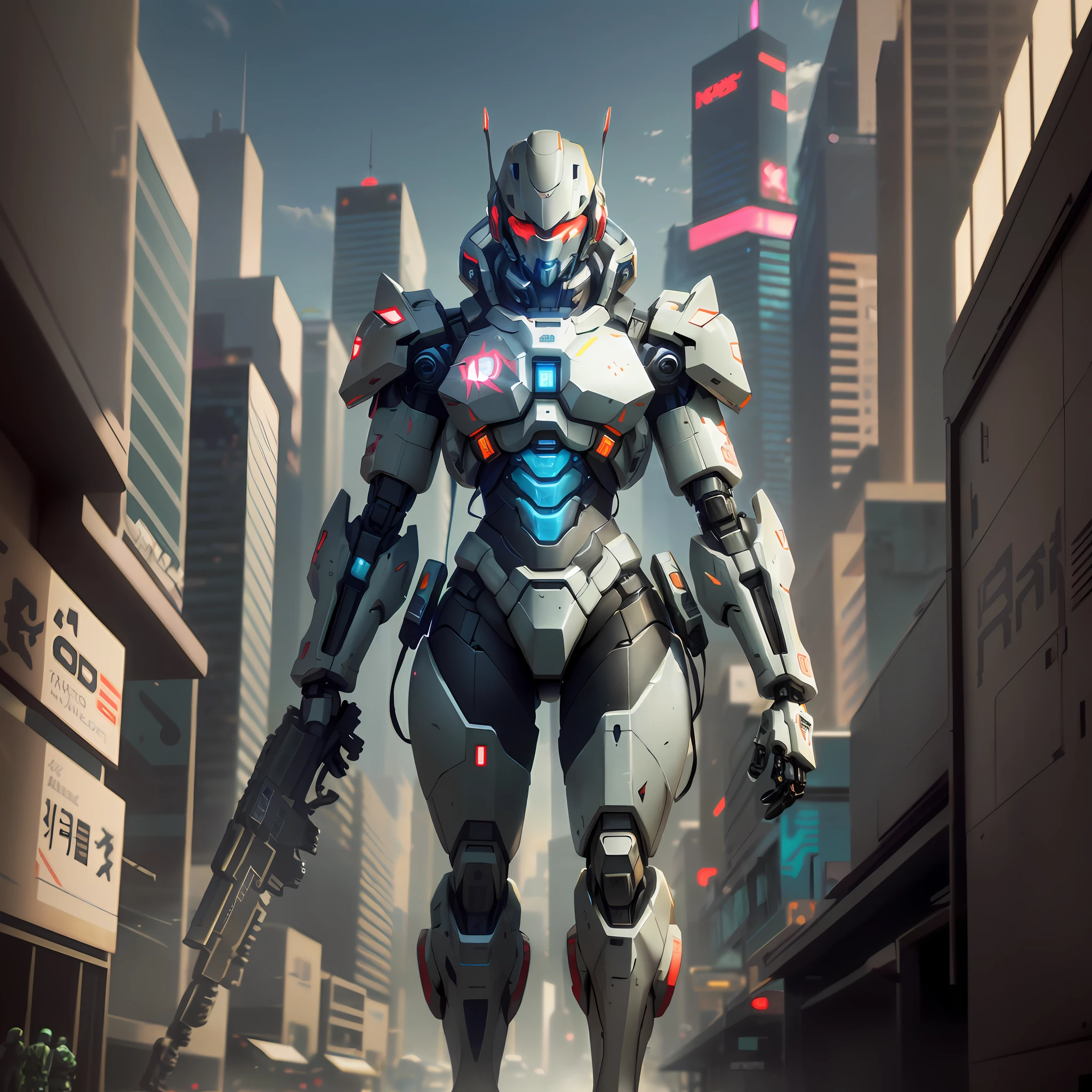 futuristic robot with a gun in a city street, mecha suit, master chief in cyberpunk city, full body mecha suit, full cybernetic combat suit, cyber suit, 3 d render character art 8 k, anime cyborg, painterly humanoid mecha, girl in mecha cyber armor, cyberpunk art ultrarealistic 8k, cyber armour
