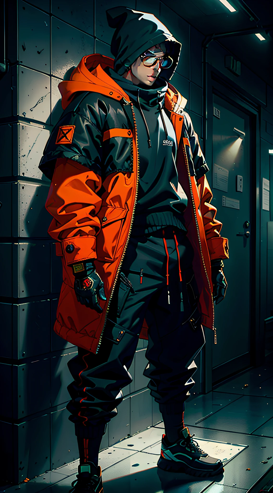 a Man , full body, prisoner clothing, cold, layers of clothes, bulky orange clothes, black details, futuristic clothes, inspired by Adrienn Henczné Deáki, pants, cold, orange ropa, hood, respiratory masks, protective glasses, hands tied, neck light ring, winter, high fashion, inspired by Olivia de Berardinis , artstation, conceptual art, soft, sharp focus, dramatic lighting, highly detailed art,  cinematic, hyper realistic painting,