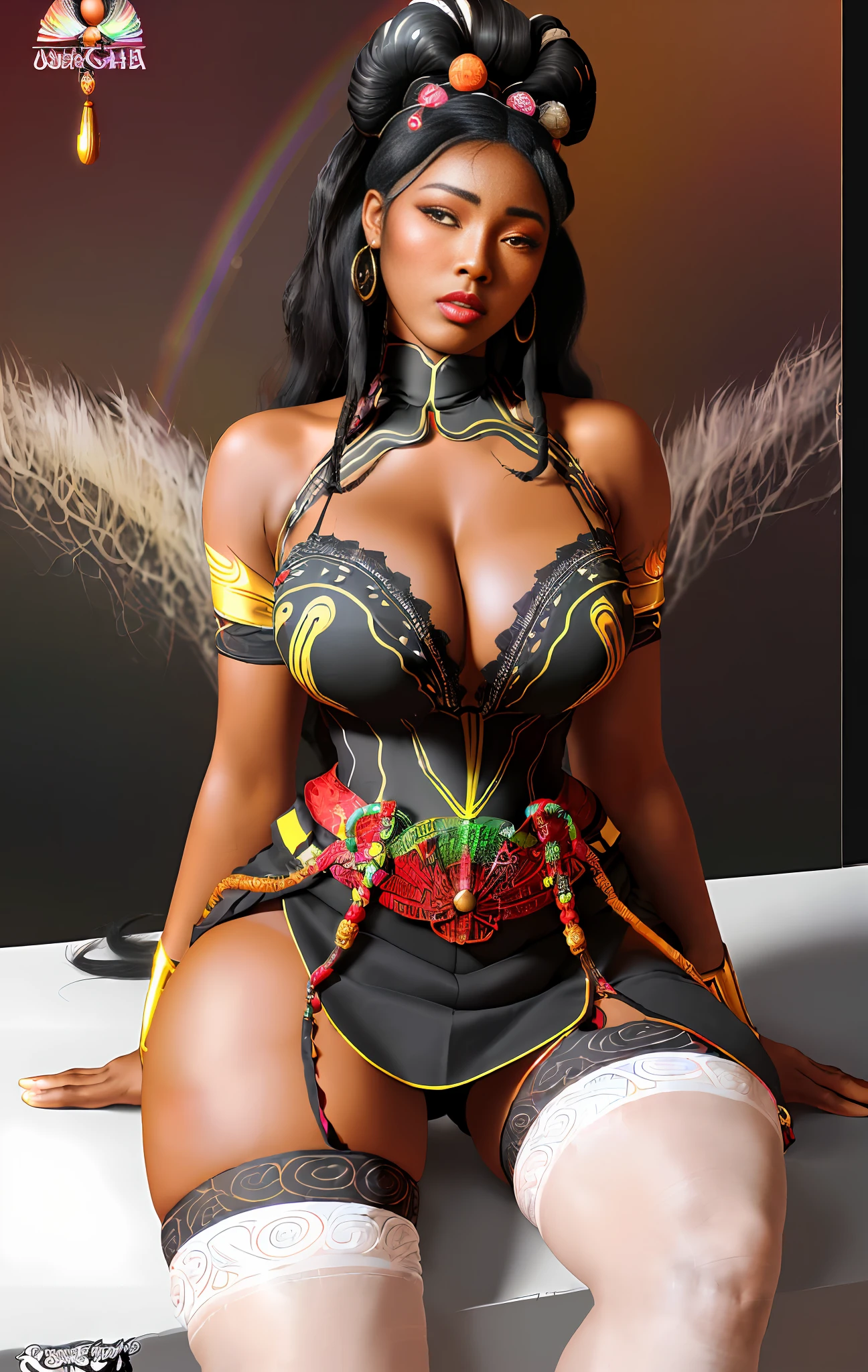 ((african goddess woman)), dark skin, (realy luxuriant afro-textured hair rainbowned), gorgeous, sexy, curvy, busty, (geisha eyes), ((heterochromia eyes)), (laced black stockings), see through laced stockings, (laced stockings), realistic, detailed, hyper realistic, high detailed, 8k, muscle
