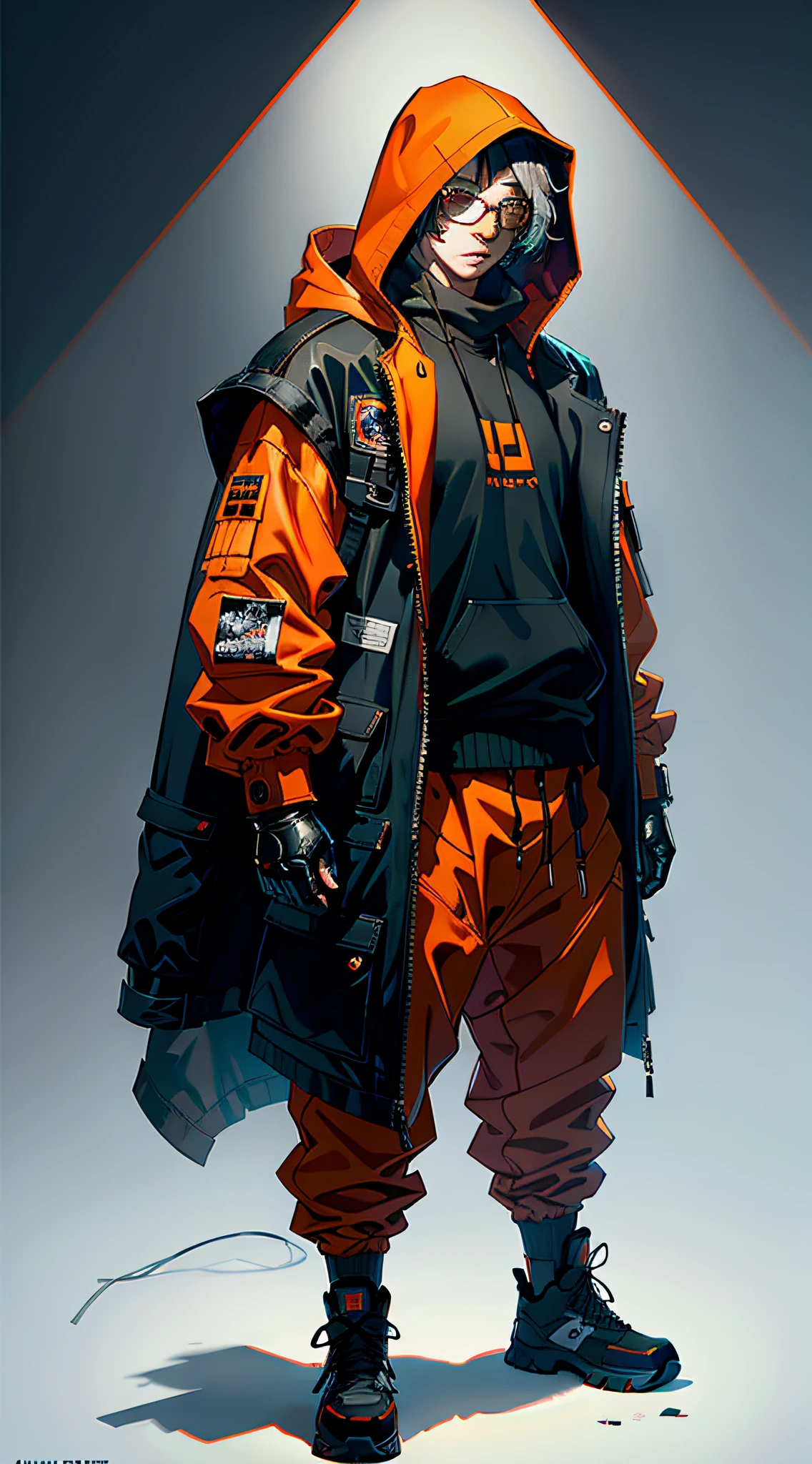 a Man , full body, prisoner clothing, cold, layers of clothes, bulky orange clothes, black details, futuristic clothes, inspired by Adrienn Henczné Deáki, pants, cold, orange ropa, hood, respiratory masks, protective glasses, hands tied, neck light ring, winter, high fashion, inspired by Olivia de Berardinis , artstation, conceptual art, soft, sharp focus, dramatic lighting, highly detailed art, cinematic, hyper realistic painting,