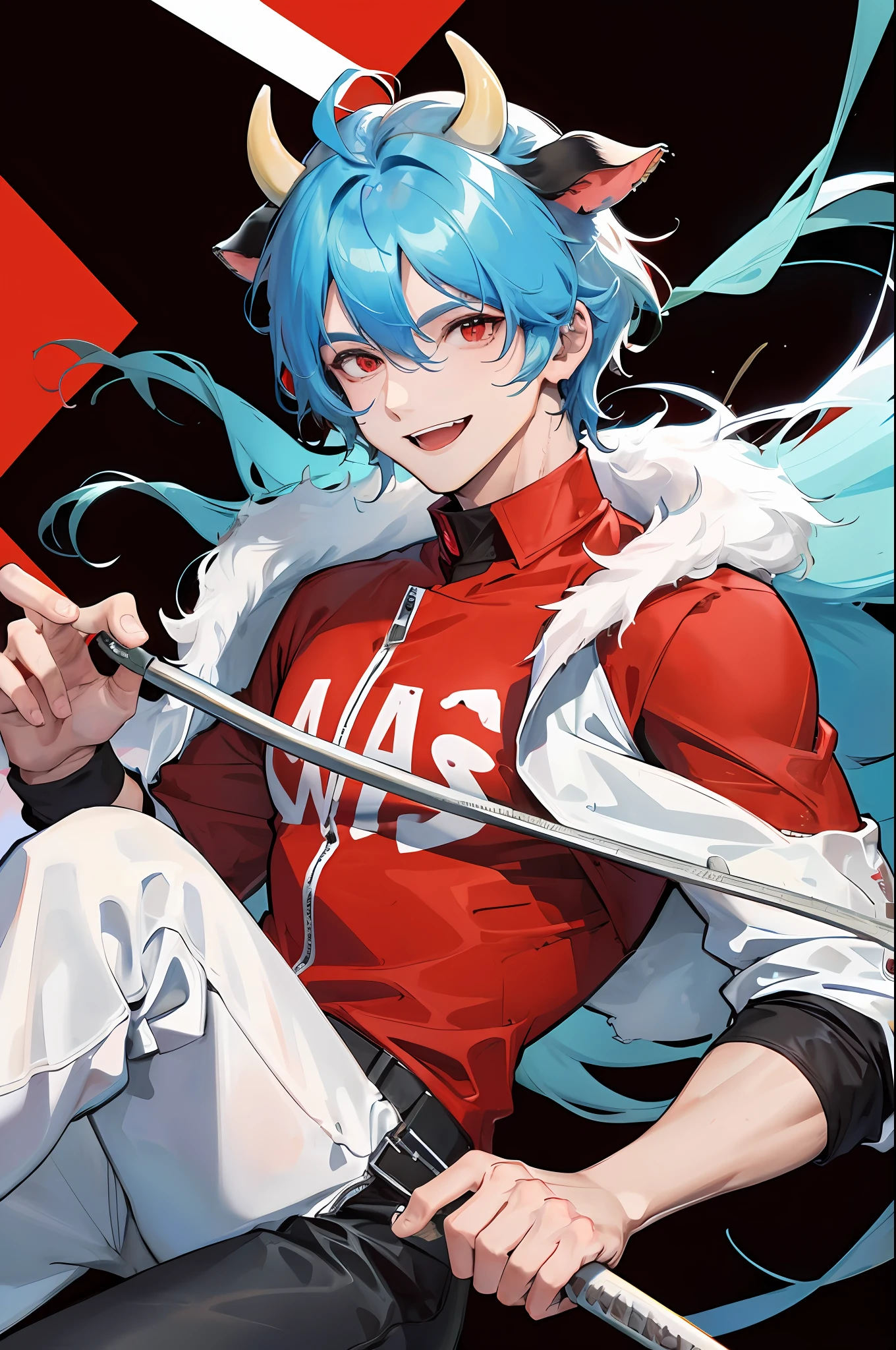 A man, male cow hybrid, cow ears, athletic body, red eyes, light blue hair, smile, red shirt