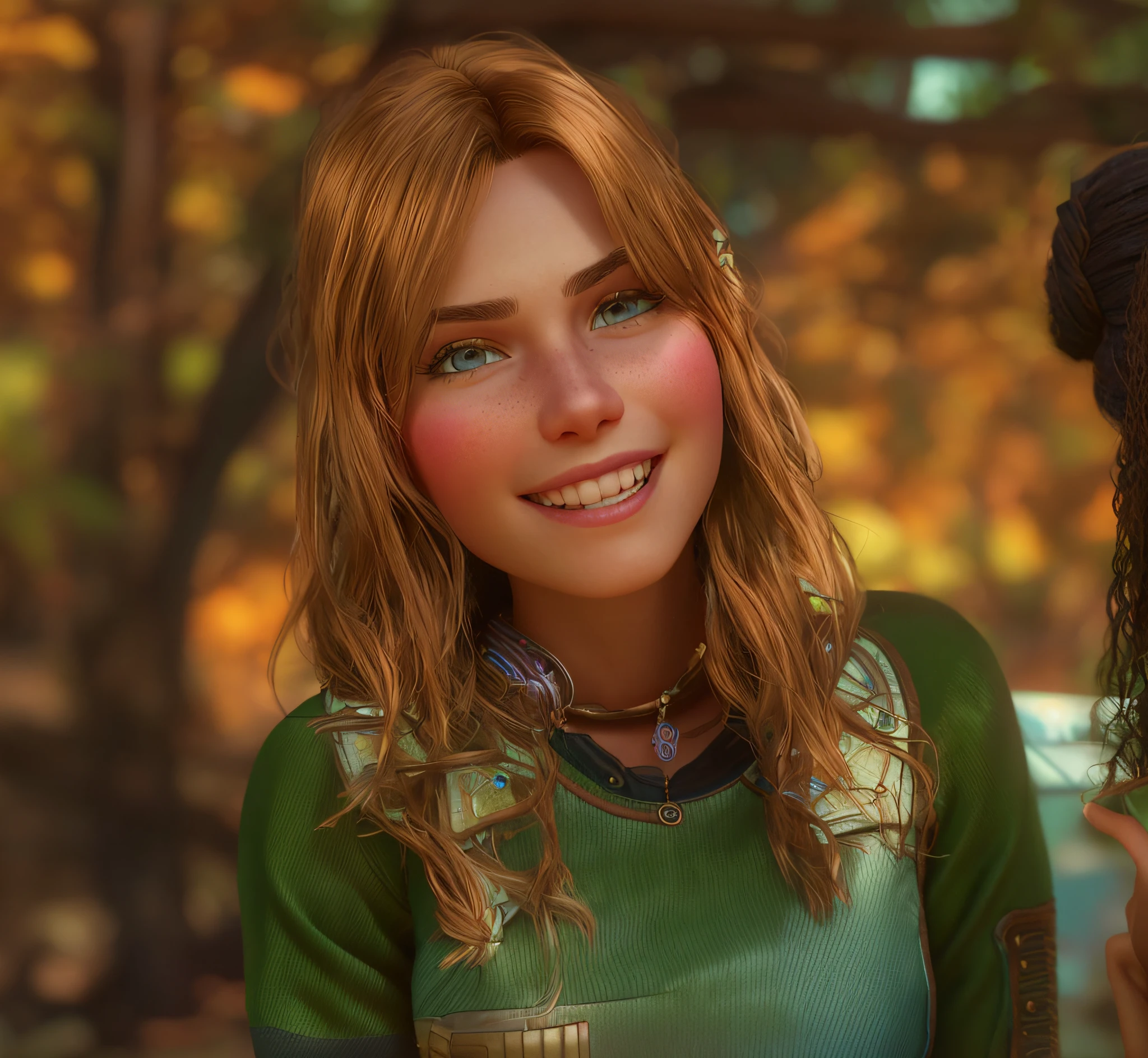 Pixarstyle a waist-high portrait of a young woman, smile, natural skin texture, 4K textures, HDR, intricate, highly detailed, sharp focus, cinematic look, hyper-detailed