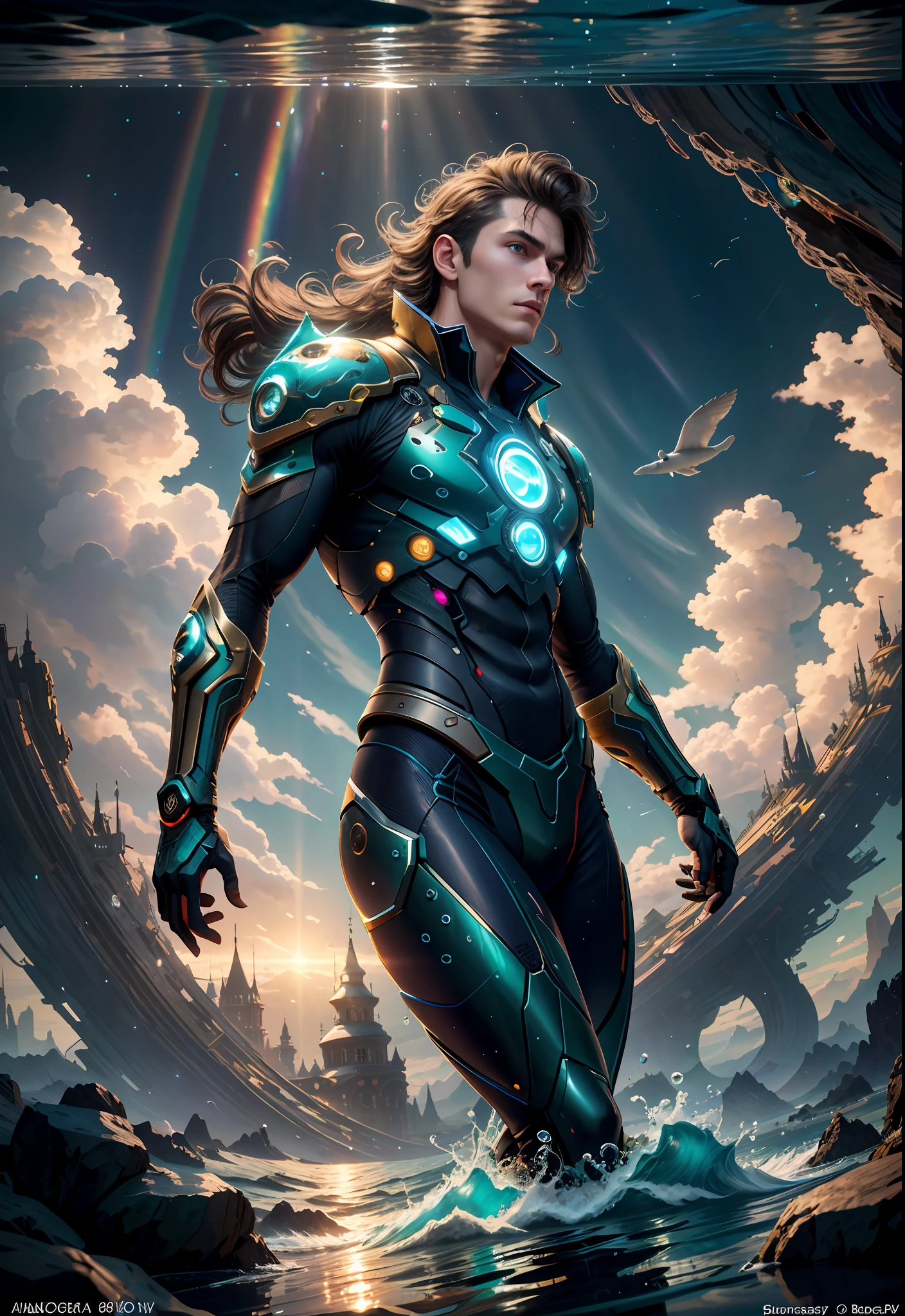 high resolution, shadow, absurd, best_quality, ultra_detailed, 8K, extremely_clear, Photos, beauty, sharp focus, HDR, masterpiece, acura, 1 man, handsome, young, tall muscular man, dark theme, magic array, bubble, rainbow sun, underwater, reflector, floating glass sheet, rainbow light, bubble swirl, wind vortex, aurora, fantasy landscape, starlight around the character, (upper body), underwater, giant whale, Fantastic location, dreams, flying, underwater cyberpunk city