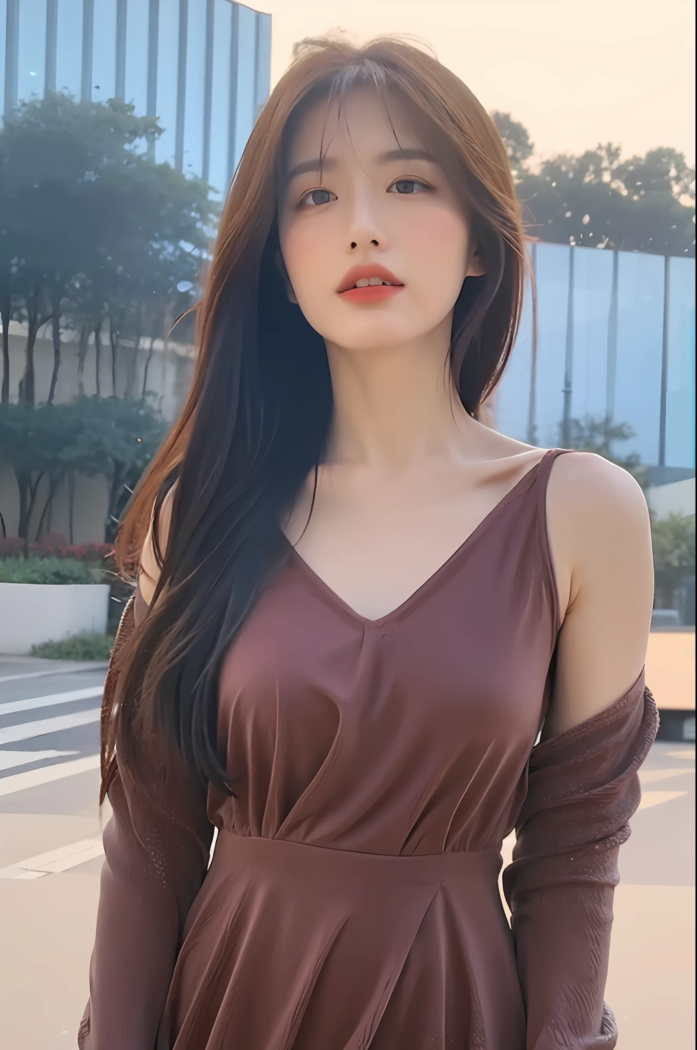 ((Midnight, Best Quality, 8K, Masterpiece: 1.3)), Upper Body, C-Cup Breasts, Clear Focus: 1.2, Beautiful Woman in Perfect Figure: 1.4, Slim Abs: 1.1, (Dark Brown Hair)), (Red Low-cut Dress Standing: 1.2), City Street View, Very Detailed Face and Skin Texture, Delicate Eyes, Double Eyelids