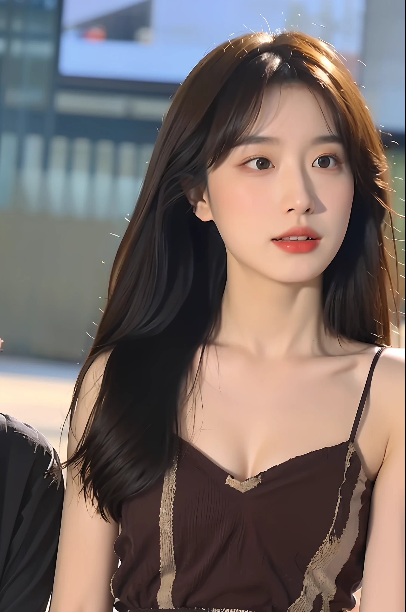 ((Midnight, Best Quality, 8K, Masterpiece: 1.3)), Upper Body, C-Cup Breasts, Clear Focus: 1.2, Beautiful Woman in Perfect Figure: 1.4, Slim Abs: 1.1, (Dark Brown Hair)), (Red Low-cut Dress Standing: 1.2), City Street View, Very Detailed Face and Skin Texture, Delicate Eyes, Double Eyelids