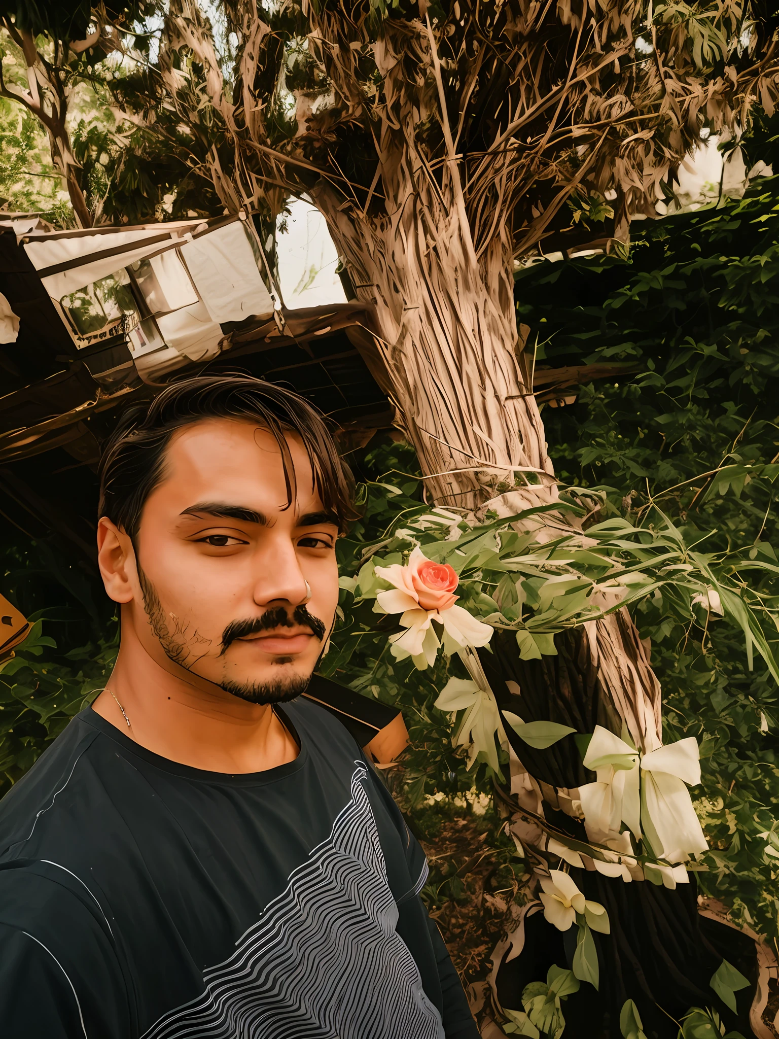 Beautiful man with short beard, high quality picture, selfie photo, portrait mode photo, photo taken with Sony A7R camera, very accurate photo, with a tree in the background, 2 3 years, handsome man, flower head, 2 7 years, masterpiece artwork