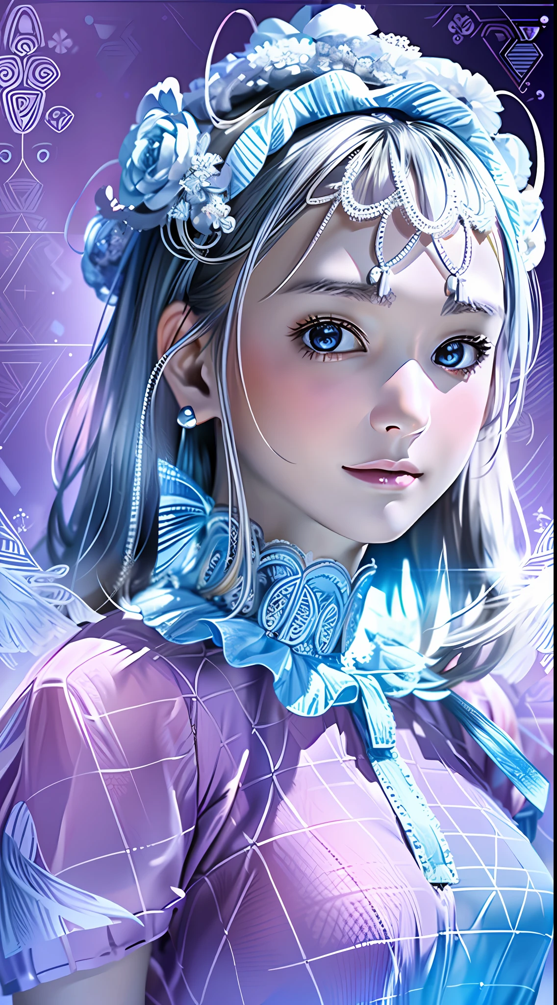 (1girl with white angel wings, slender, silver ornaments, silver hair:1.2), masterpiece, best quality, absurdres, wide angle, bloom, glow, (light pink and very light blue lace frills dress, geometric arabesque patterns, abstract zentangle background:1.4), dynamic lighting, dramatic lighting, photorealistic, highres, detailed face and eyes, sharp pupils, realistic pupils, sharp focus, (highest detailed, extreme detailed, ultra detailed, finely detail:1.5), --s2