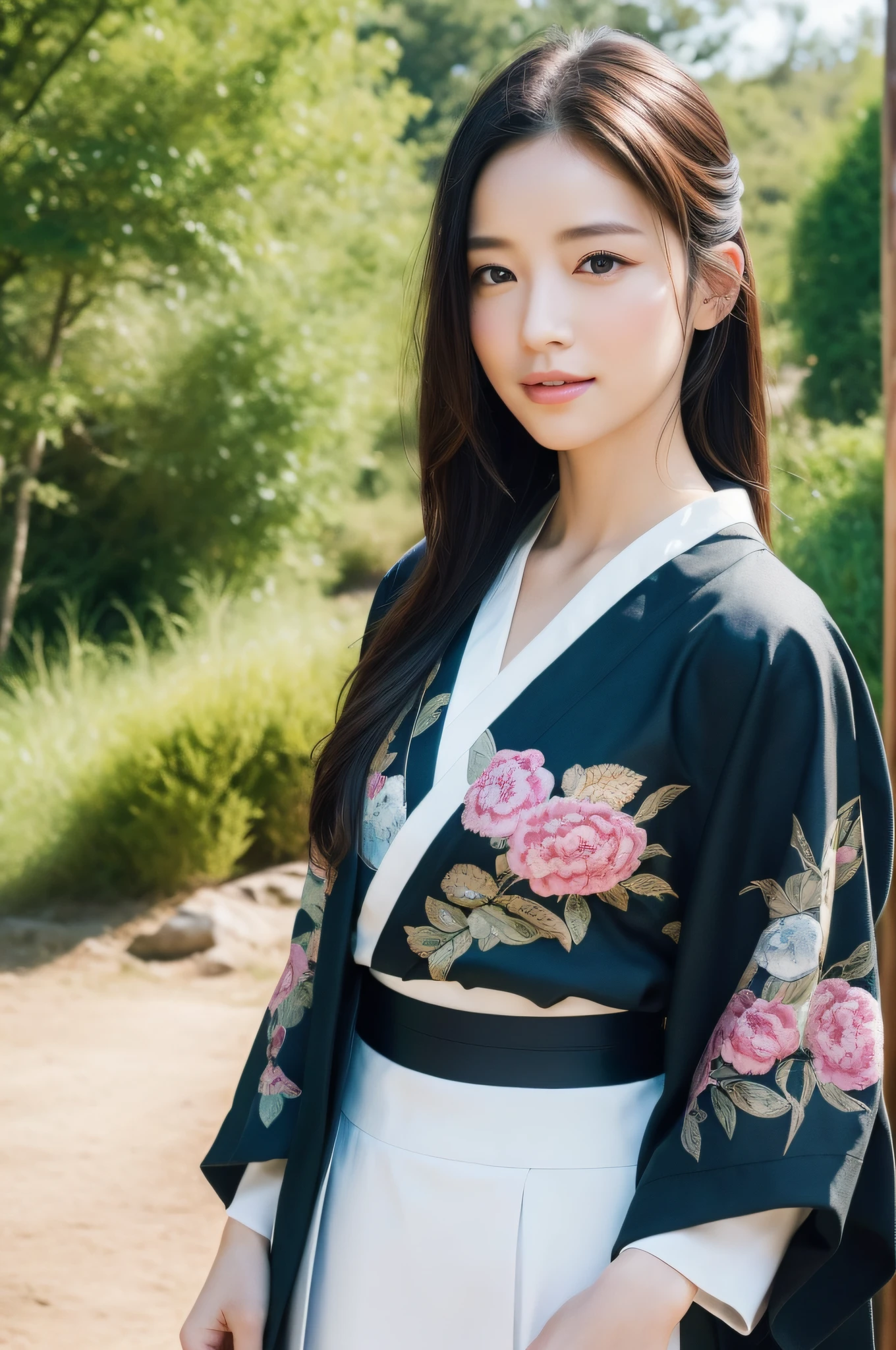 ((Top Quality, 8K, Masterpiece: 1.3)), Sharp Focus: 1.2, (Super Beautiful Face: 1.0), (Glossy Skin: 1.0), Realistic Photos, Black Hair, Realistic Pupils, Movie Lighting, Highly Detailed Eyes and Face, Movie Lighting,  (Cowboy Shot: 1.0),  (kimono, hakama, obi: 1.2), happy in nature