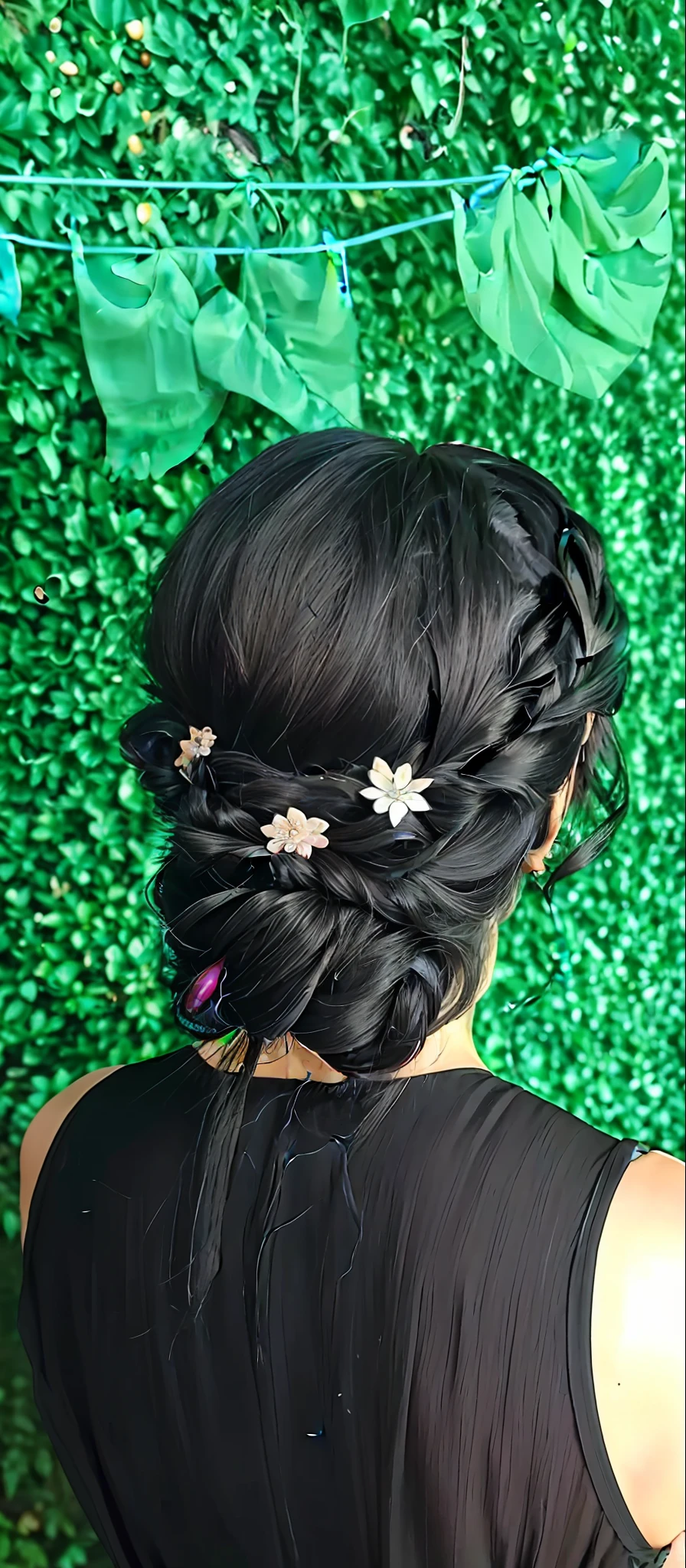 there is a woman with a black dress and a flower in her hair, hair styled in a bun, black elegant hair, styled hair, elegant hair, imperial and elegant hair style, updo, hairstyle, elegant fantasy style braids, intricate hairstyle, glam hair, glamorous hairstyle, half updo hairstyle, glamor hairstyle, elaborate long hairstyle, complex design hair, hair bun