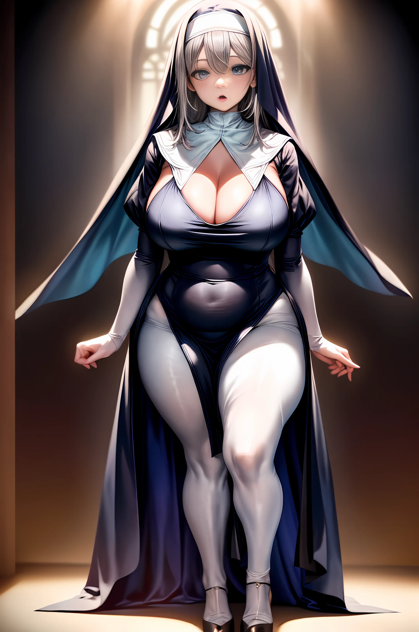 Best quality, masterpiece, high resolution, ultra-realistic 8k CG, beautiful girl, gray hair, blue eyes, open mouth, puffy, plump body, nun bandana, (tunic, nun dress), fleshy thighs, (full body white pantyhose), high heels, full body, looking at the audience, symmetrical, charming, complex, sexy, elegant, hands interlocked, hair accessories, necklace, cleavage, tyndall effect, realistic, dark studio, edge lighting, two-tone lighting, (high detail skin: 1.2), 8k uhd, dslr, soft light, high quality, volumetric light, sneak peek, photo, high resolution, 4k, 8k, bokeh,