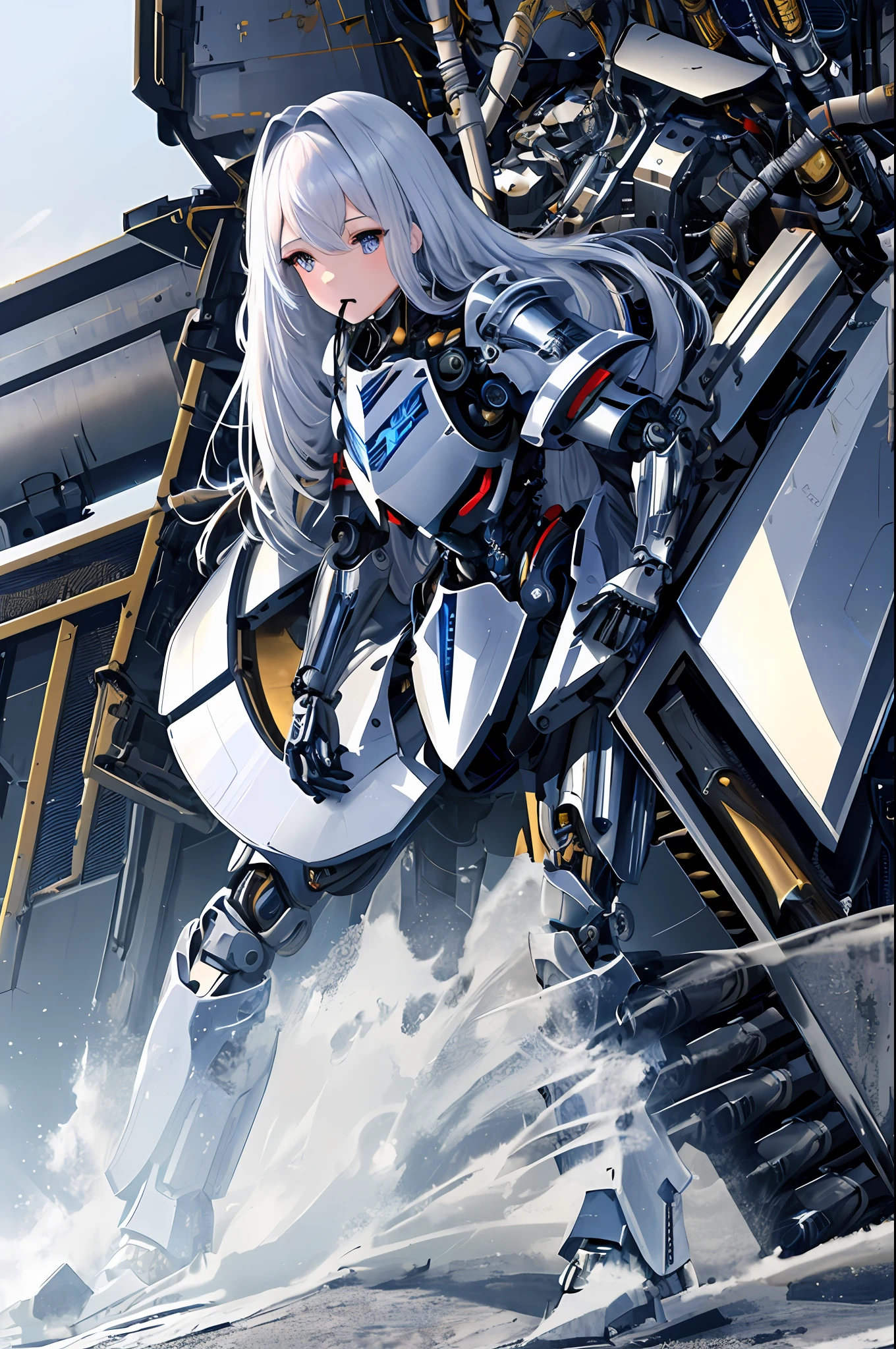 Top quality, masterpiece, masterpiece, highly detailed 8k wallpaper, female robot, full face with only the mouth exposed, mechanical joint limbs, the whole body covered with heavy mechanical armor, connected cables, tubes connecting the body, long white hair, thrusters and shields on both shoulders, open stance, full-length figure, devastated urban combat,